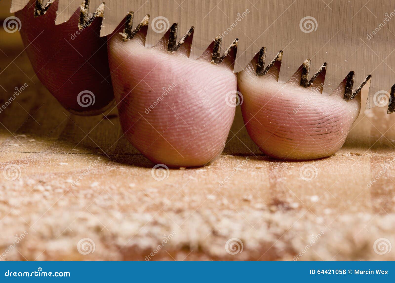 Closeup Of Sharp Hand Saw Blade And Fingers Of Carpenter Or Wor Stock