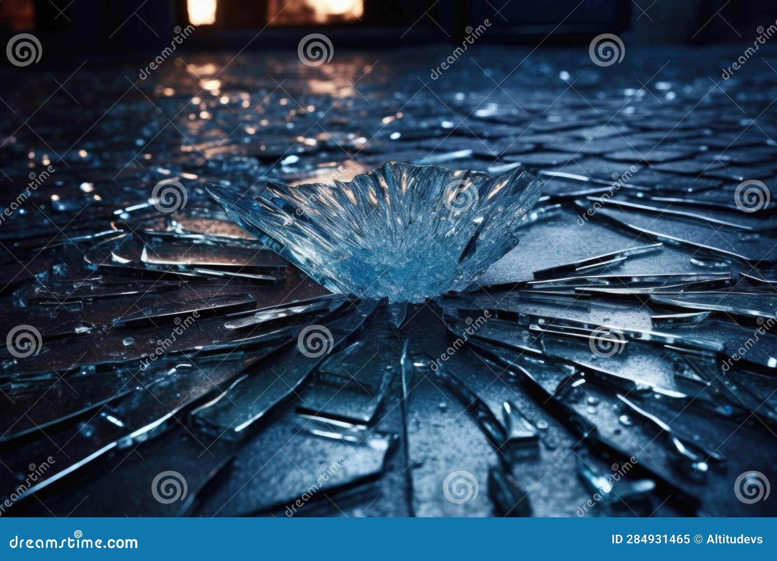 Closeup of Shattered Glass on the Ground Near a Window Stock Image