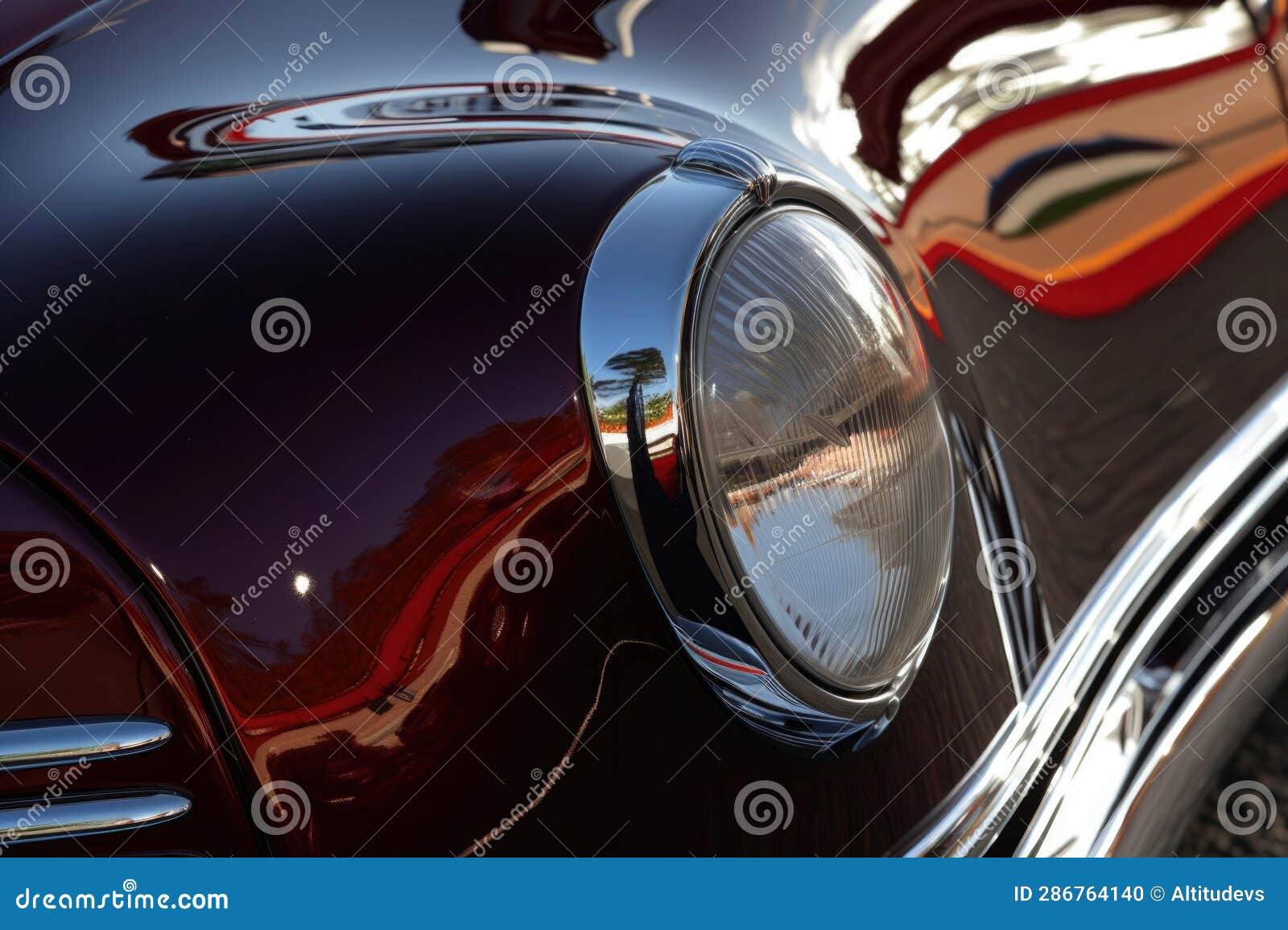 close-up of shiny chrome details on classic car