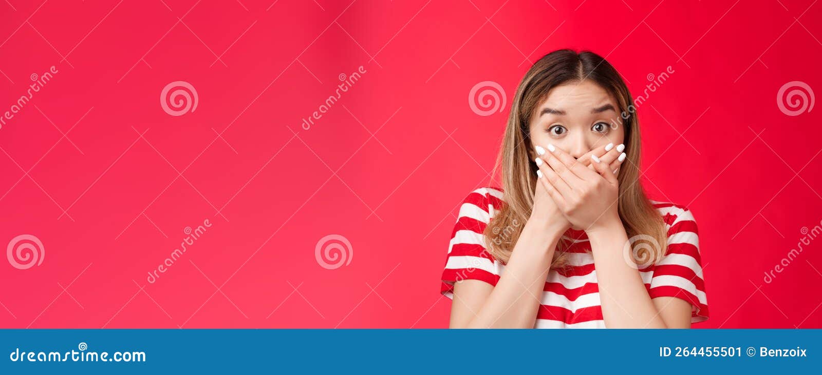 Close Up Shocked Asian Woman Gasping Speechless Press Hands Lips Raise