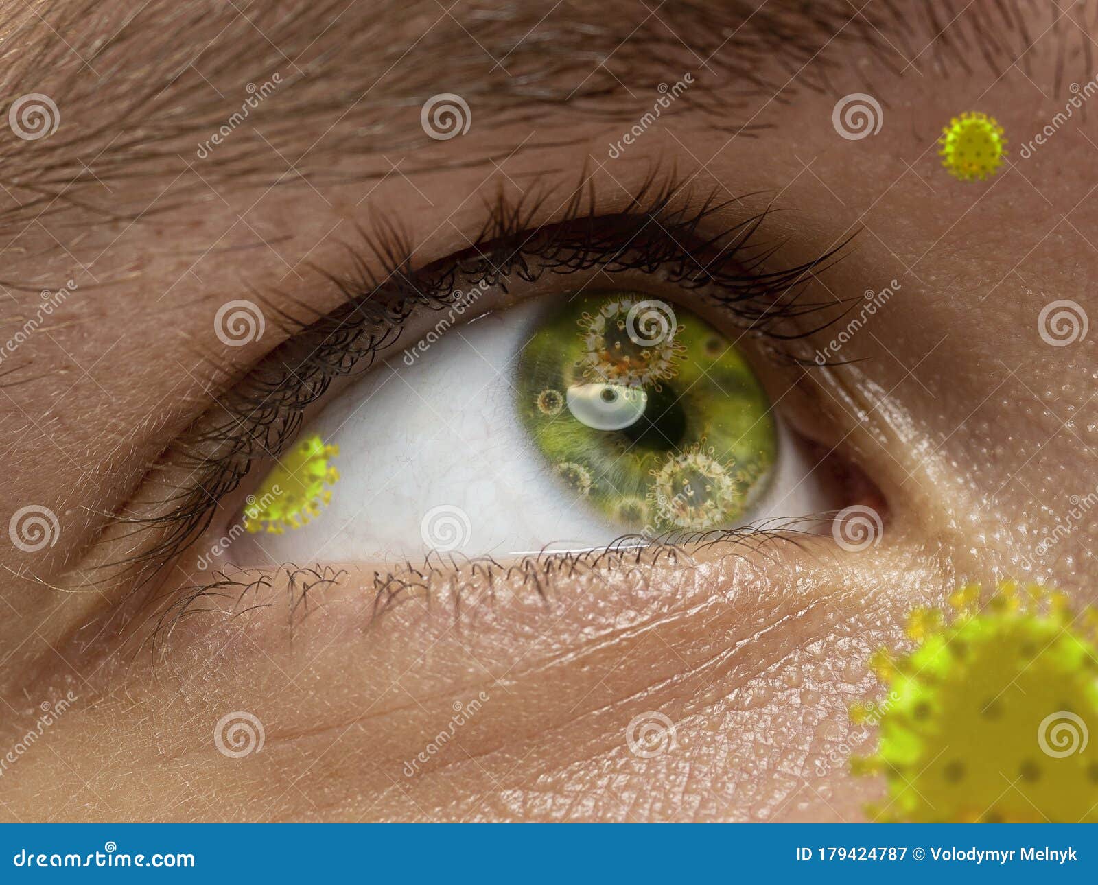 Close Up Shoot of a Male Eye with 3D-illustrated Coronavirus Models ...