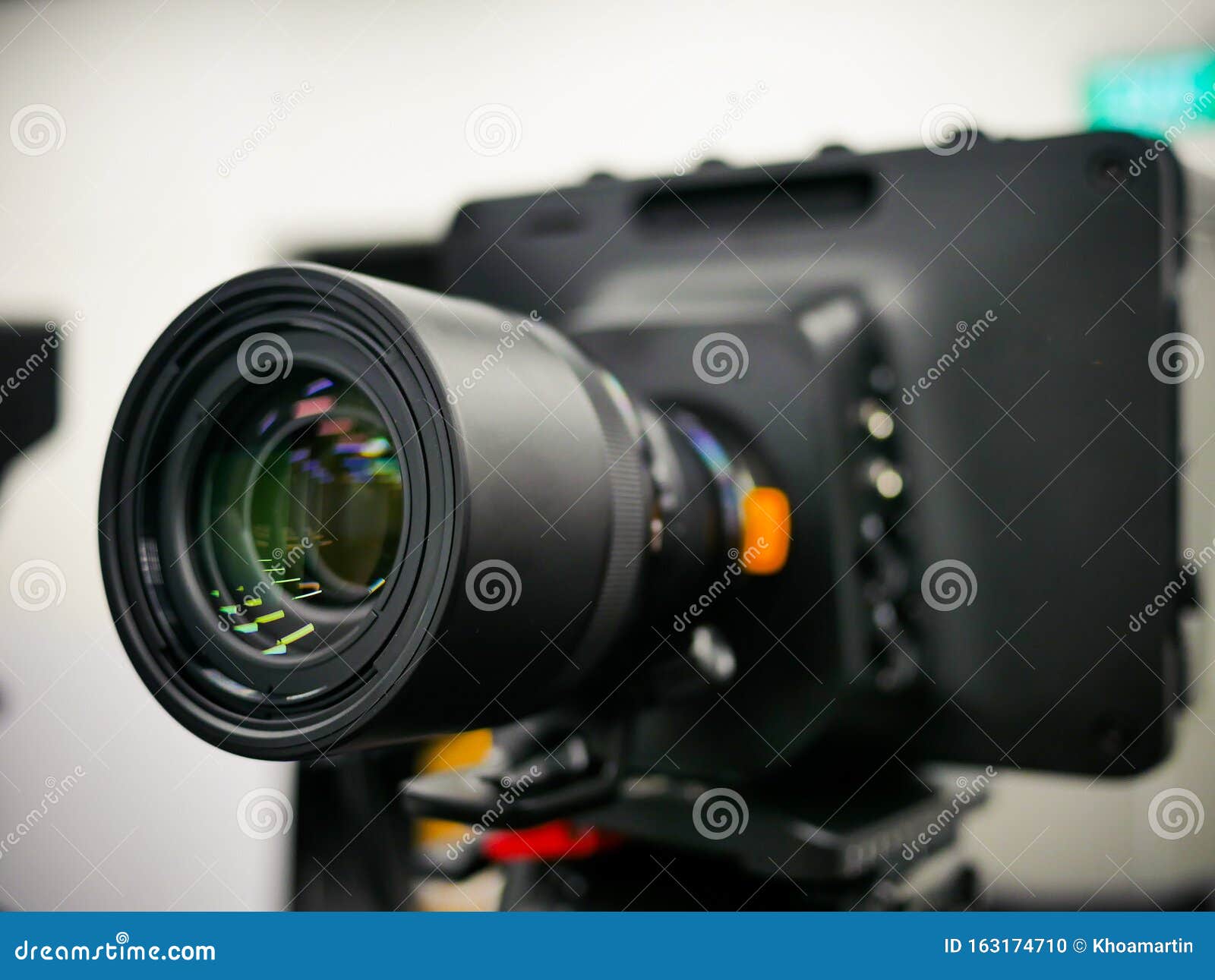 Close Up Shot of Camera Lens Set Up Filming in the Studio. Reflection