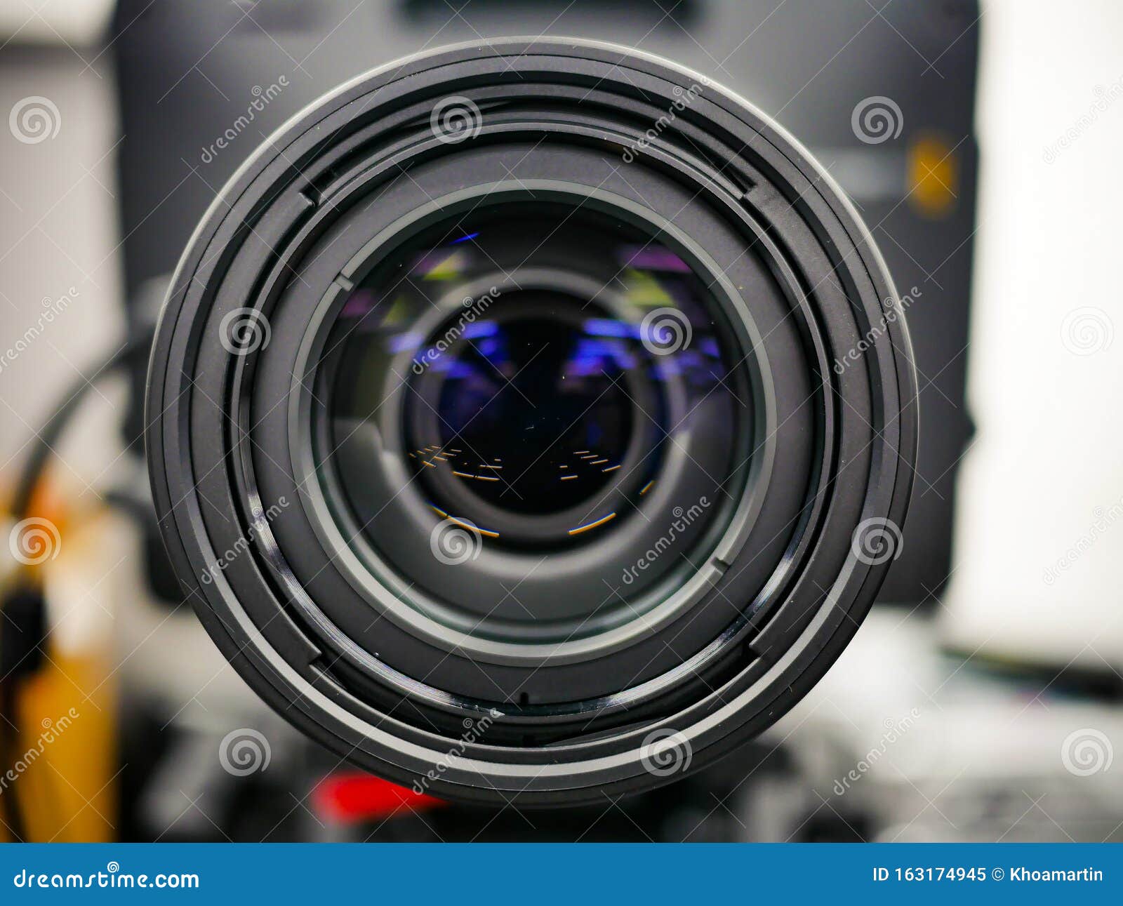 Close Up Shot of Camera Lens Set Up Filming in the Studio. Reflection