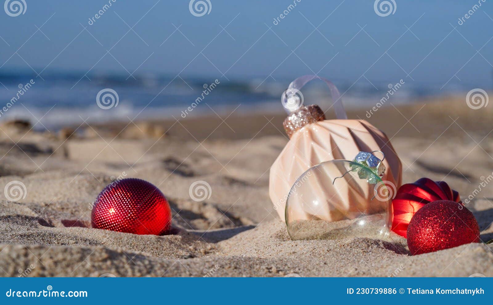 Close-up Shot of Christmas Glass Balls on Sand on Background of Blue Sea,  Ocean. Concept of Christmas Holidays or Vacation on the Stock Photo - Image  of ball, copy: 230739886