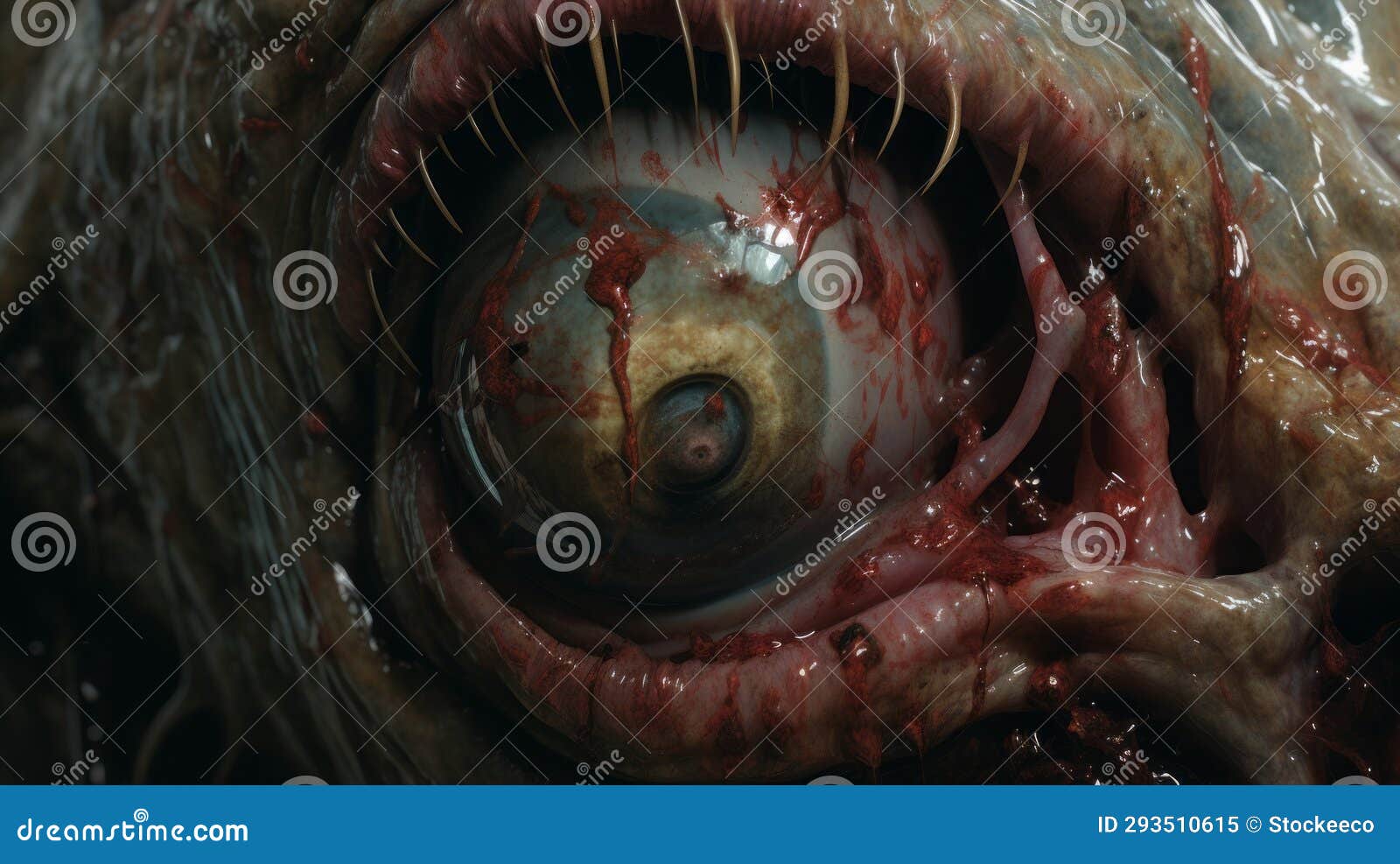 closeup of bizarre omen's eye: unreal engine rendered horror-inspired 