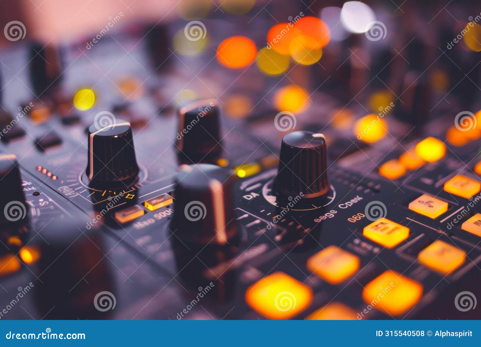close-up shot of a dj mixer's knobs and sliders in soft studio lighting