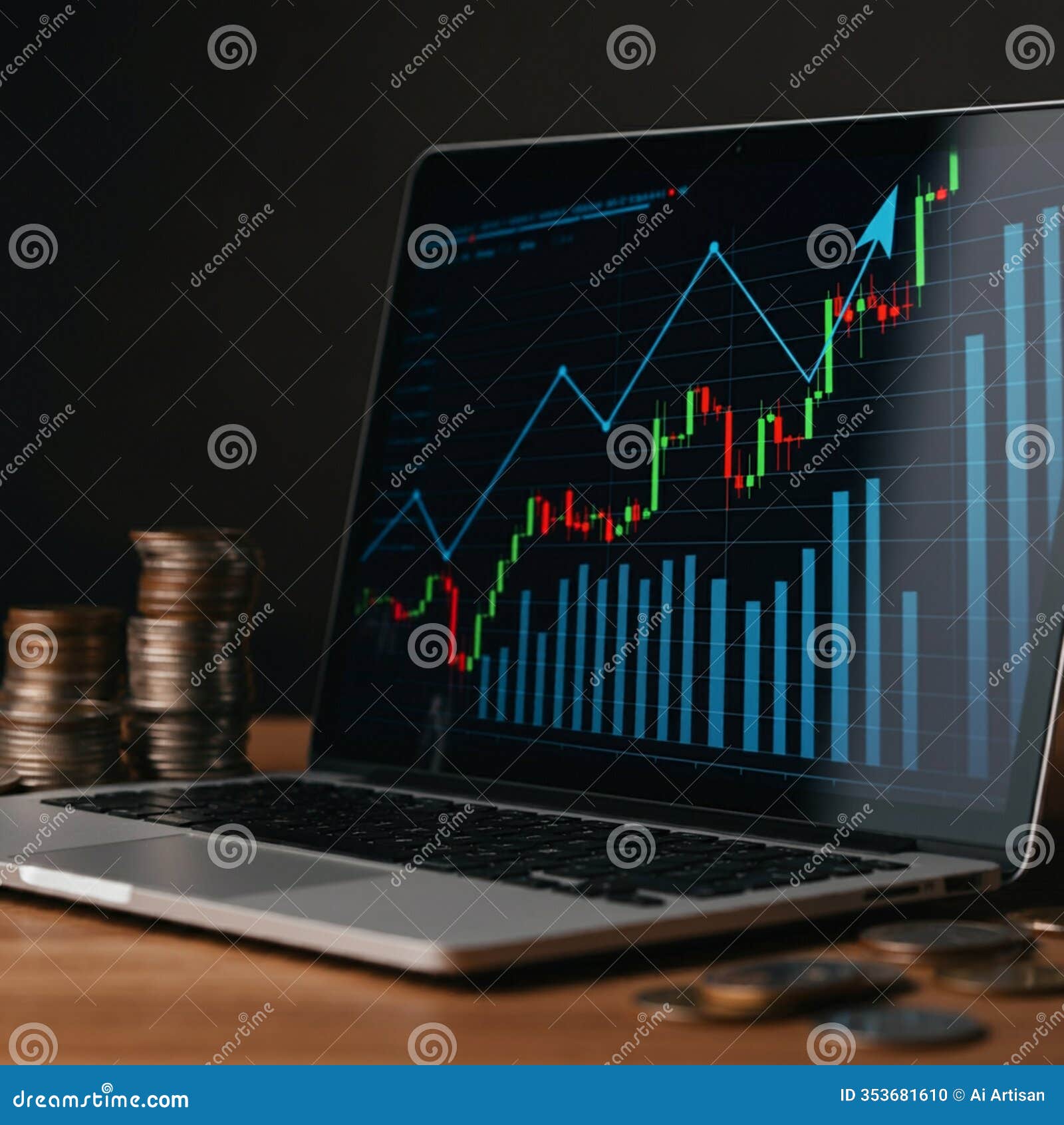 ai-generated image: laptop with financial chart and stacked coins