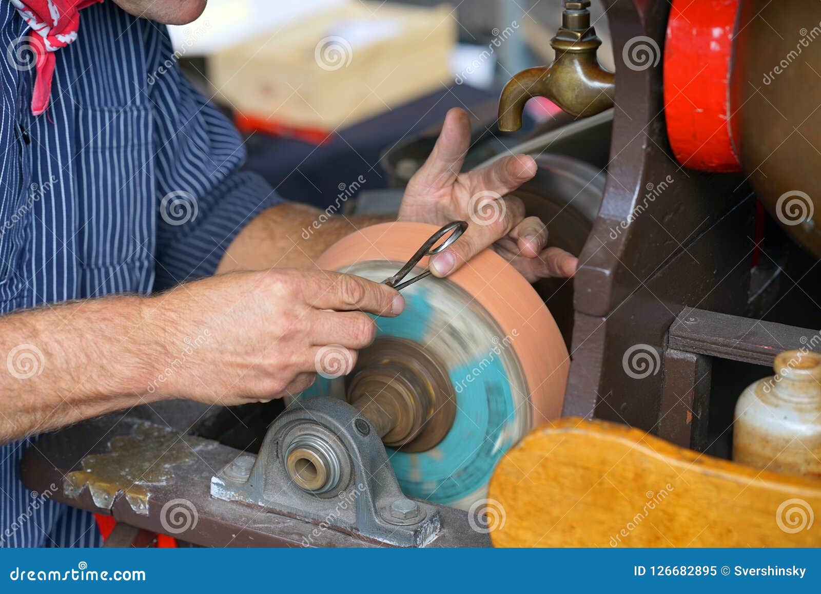 The Man Sharpens the Scissors Stock Image Image of grindstone, jobs