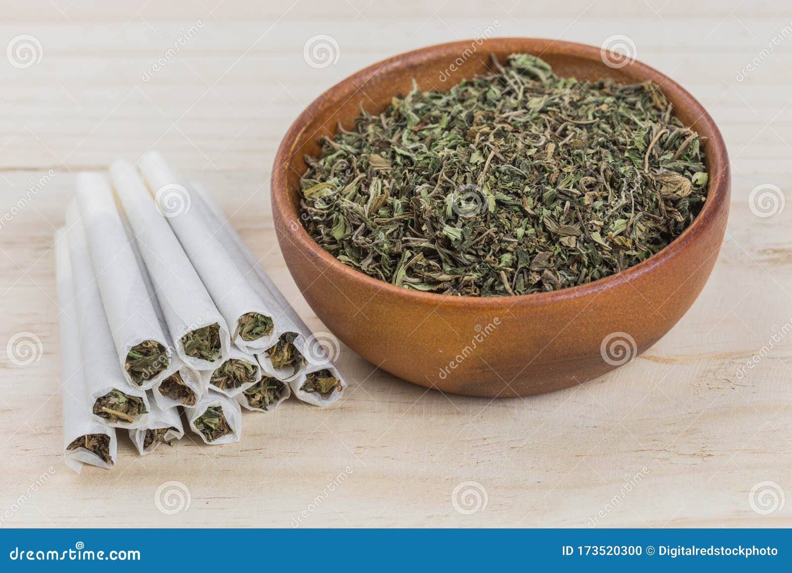 Close Up Shot Marijuana Weed Cannabis Wooden Bowl Rolled Joint Marijuana Wooden Bowl Rolled 173520300 