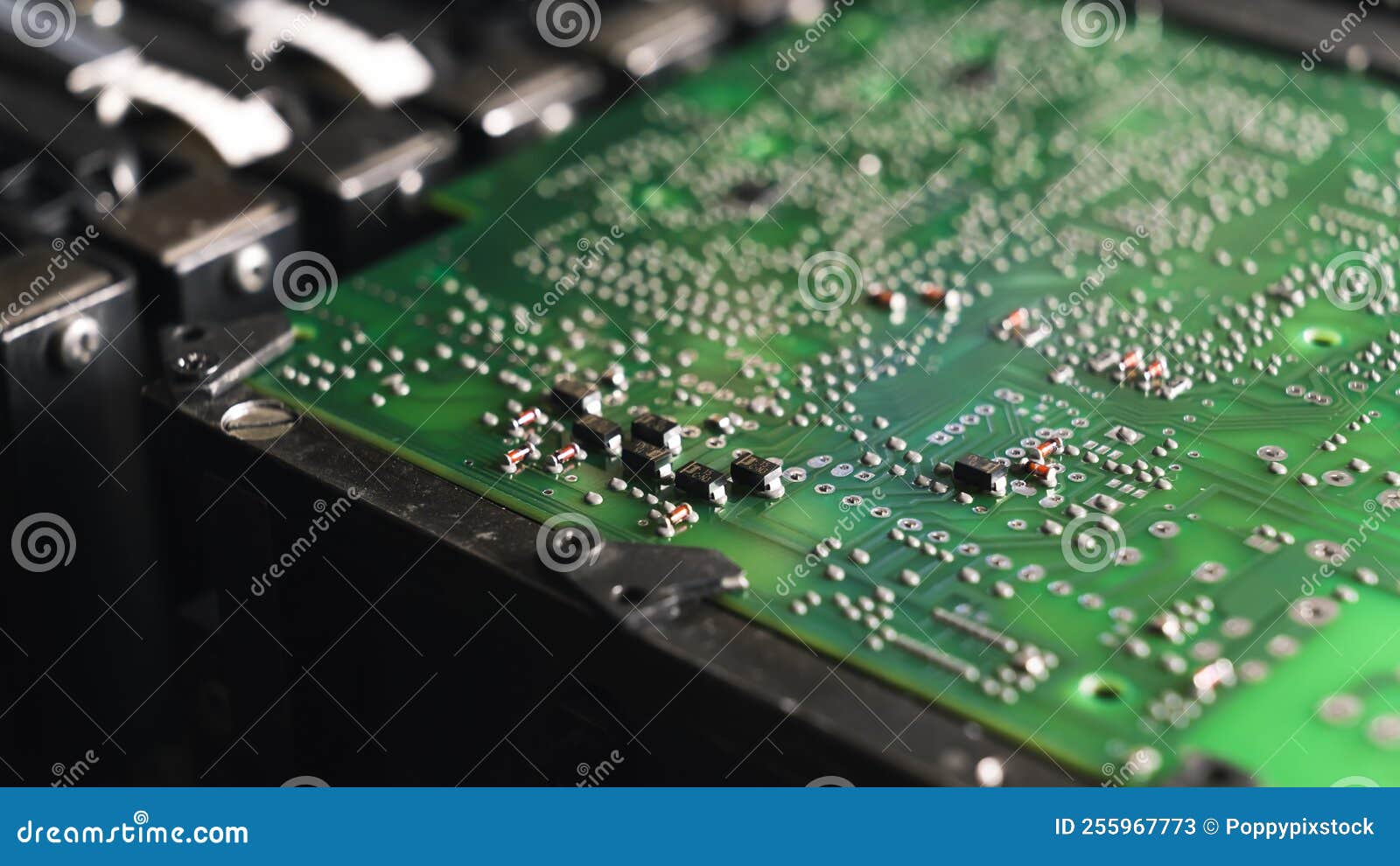 Closeup Shot of PCB Printed Circuit Board in the Process of Surface