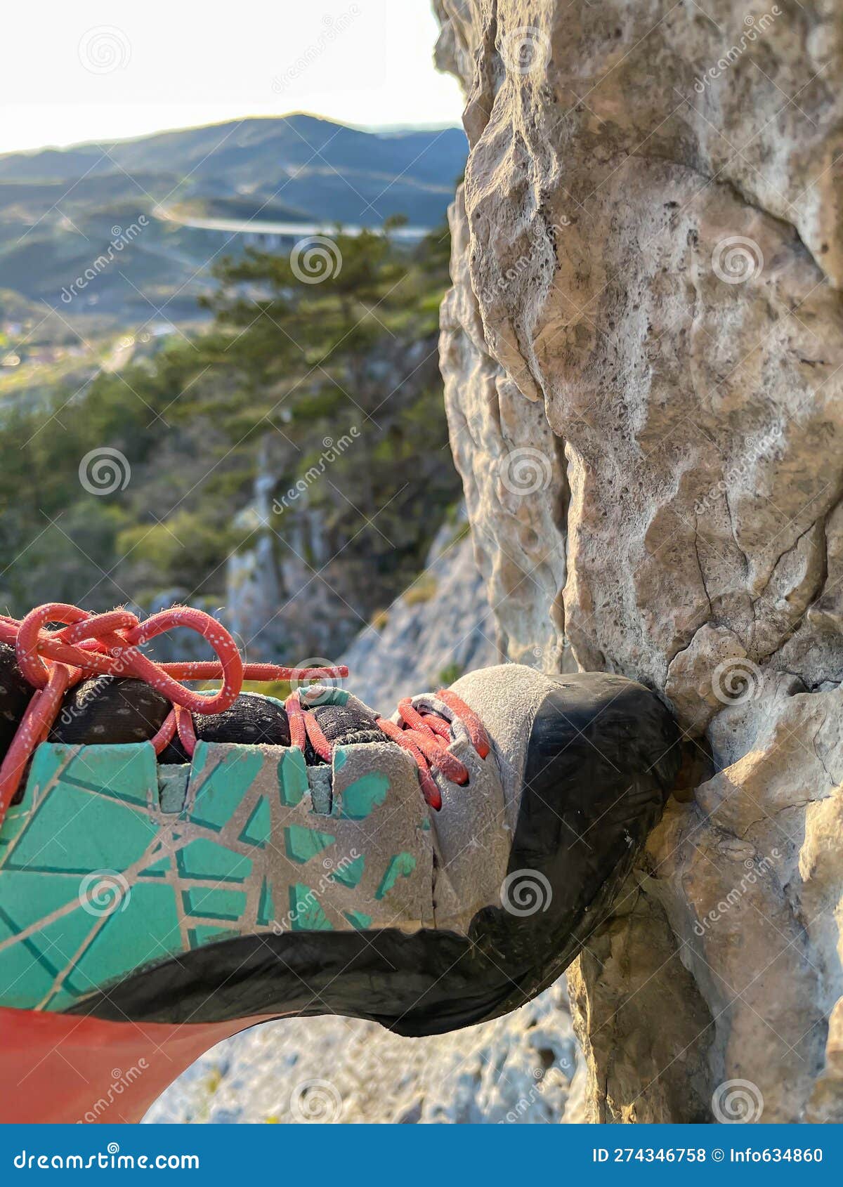 CLOSE UP Shot of a Rock Climbing Shoe As Climber Steps on Tiny Stone