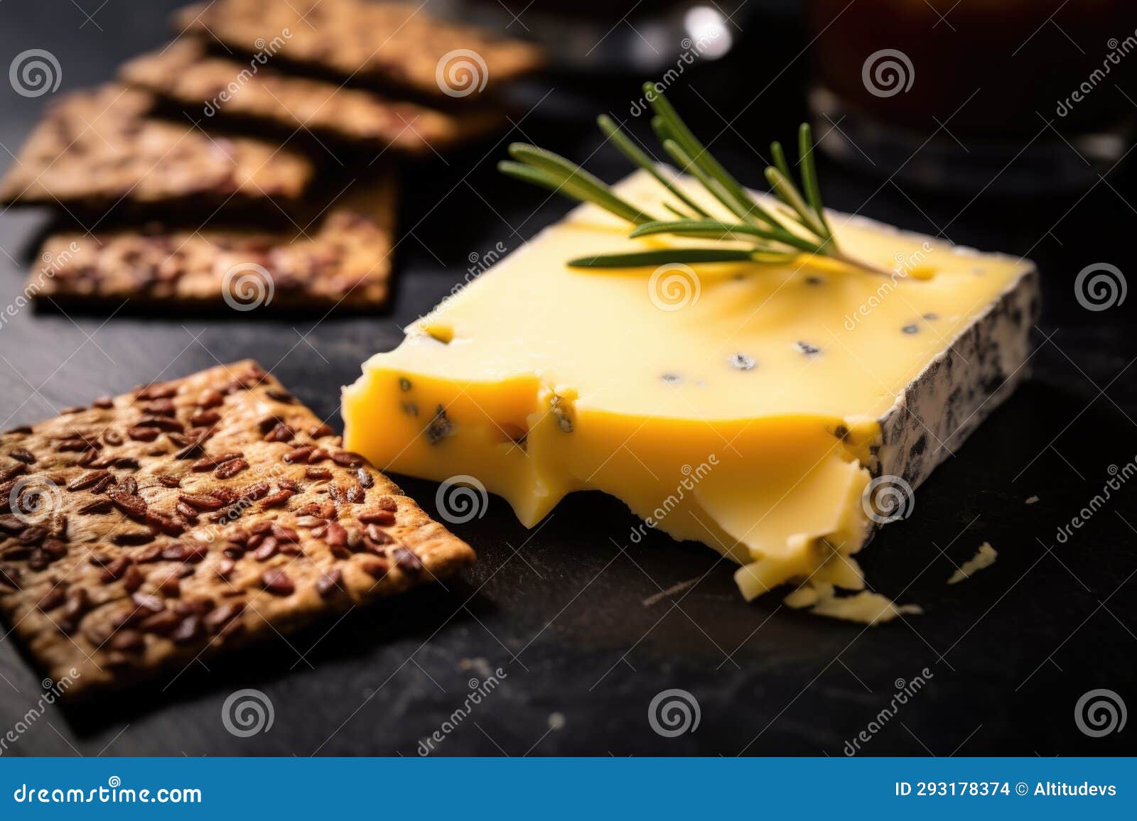 Closeup Shot of Rye Cracker with Melted Gouda Cheese Stock Photo