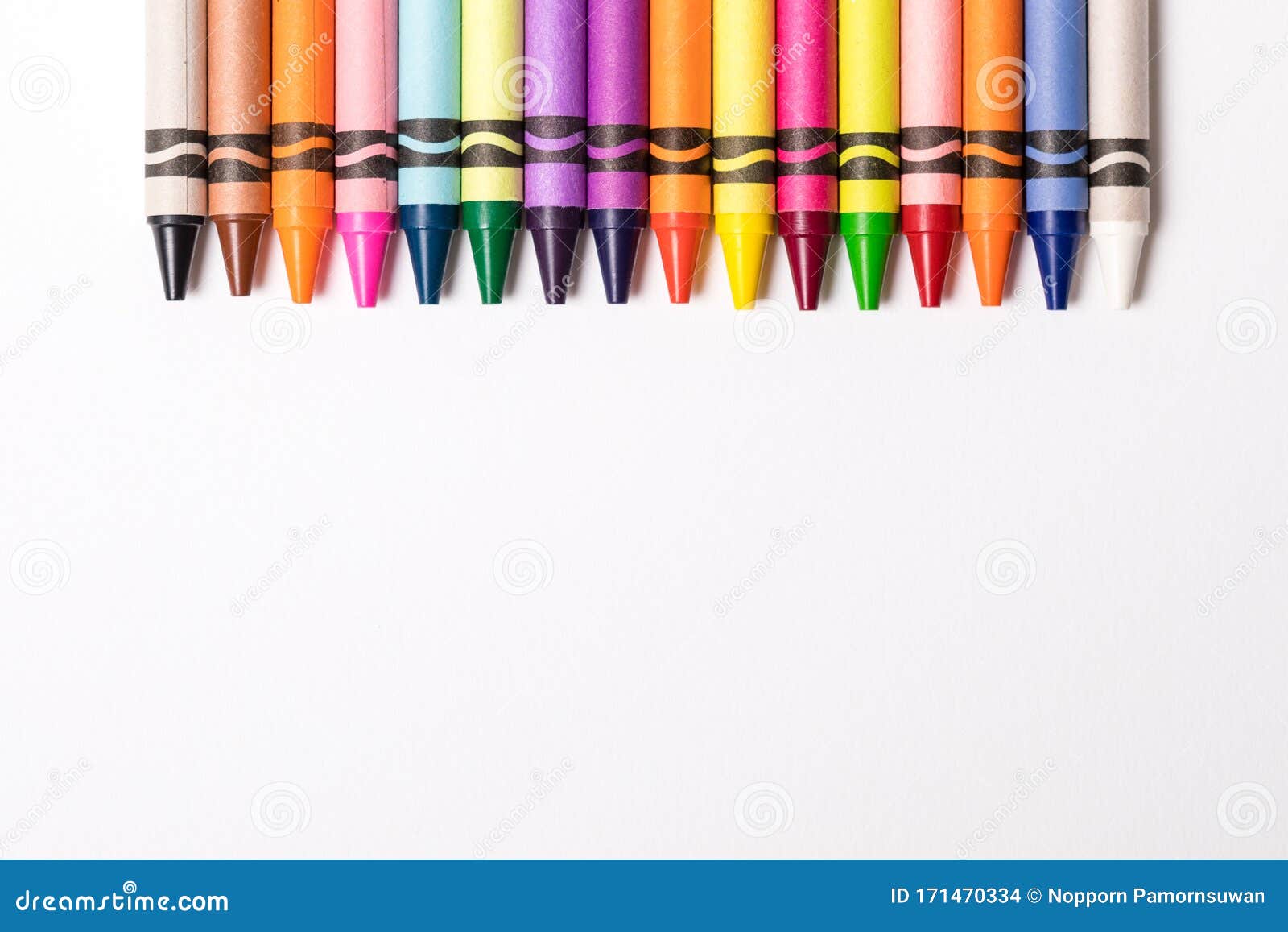 Close up picture of many colored pencil crayons on white