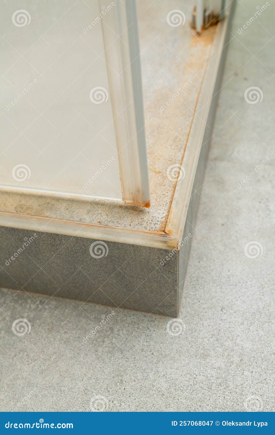 A Closeup of Shower Stall Screen with Mold, Limescale and Mildew Stock