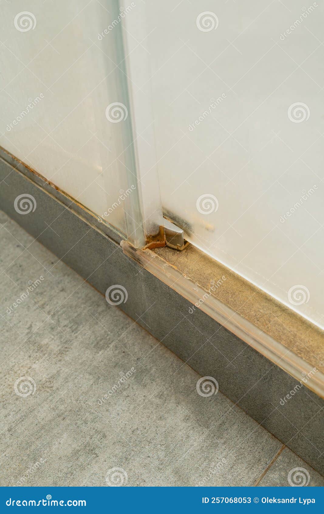 A Closeup of Shower Stall Screen with Mold, Limescale and Mildew Stock
