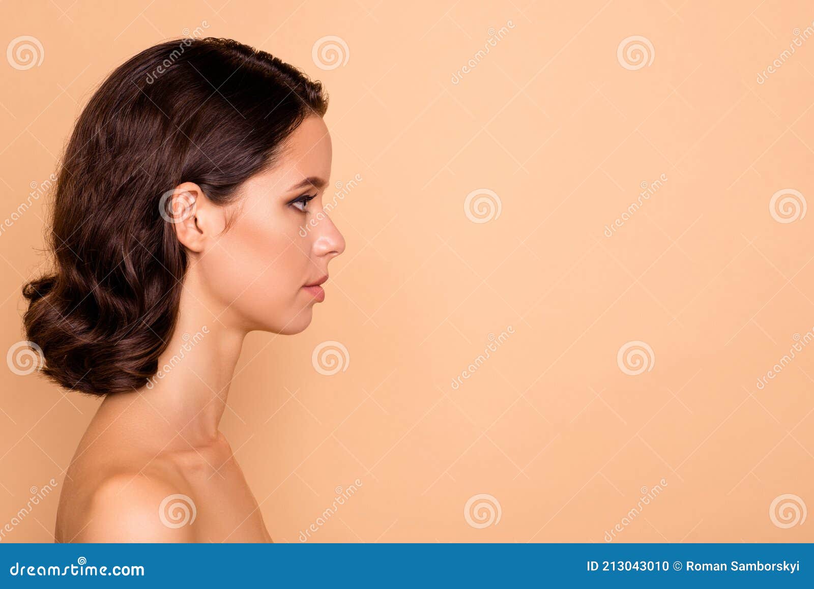 close up side profile photo beautiful she her lady shiny body shoulders healthy soft silky ideal condition look empty