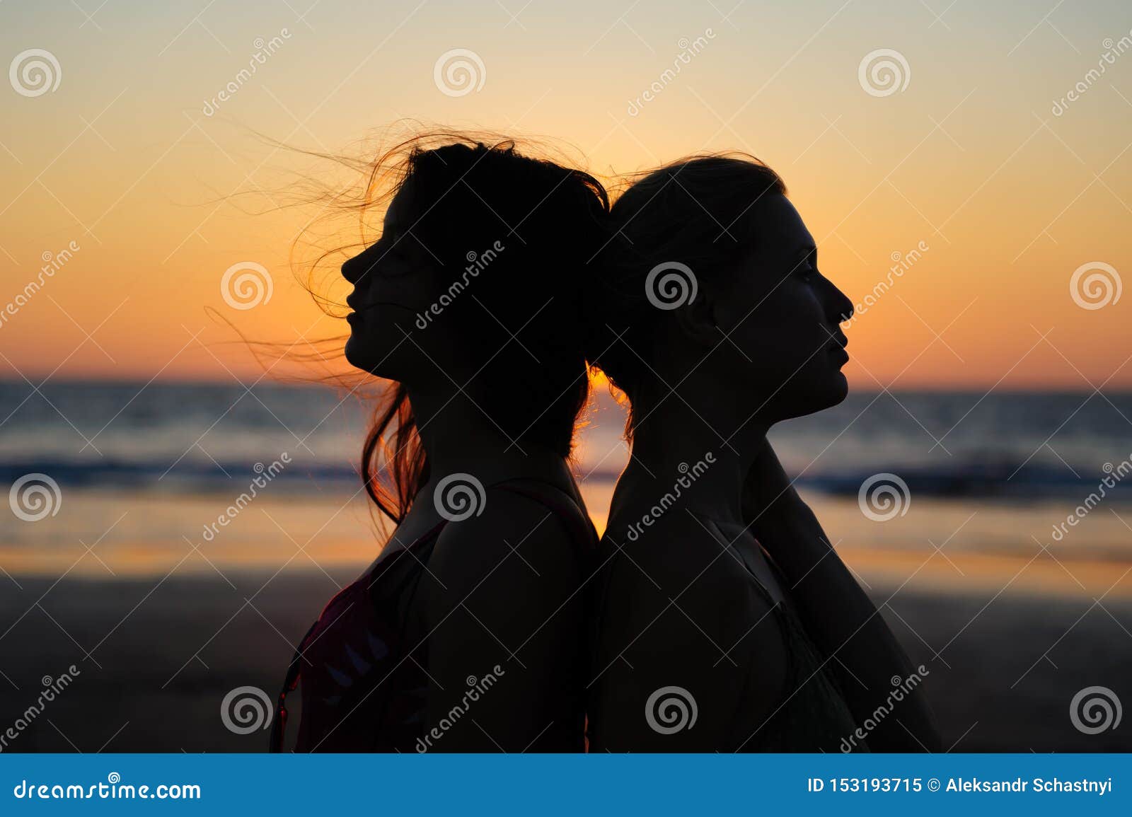 Close Up Silhouette of Womens Couple in Romantic Scene of Sunset ...