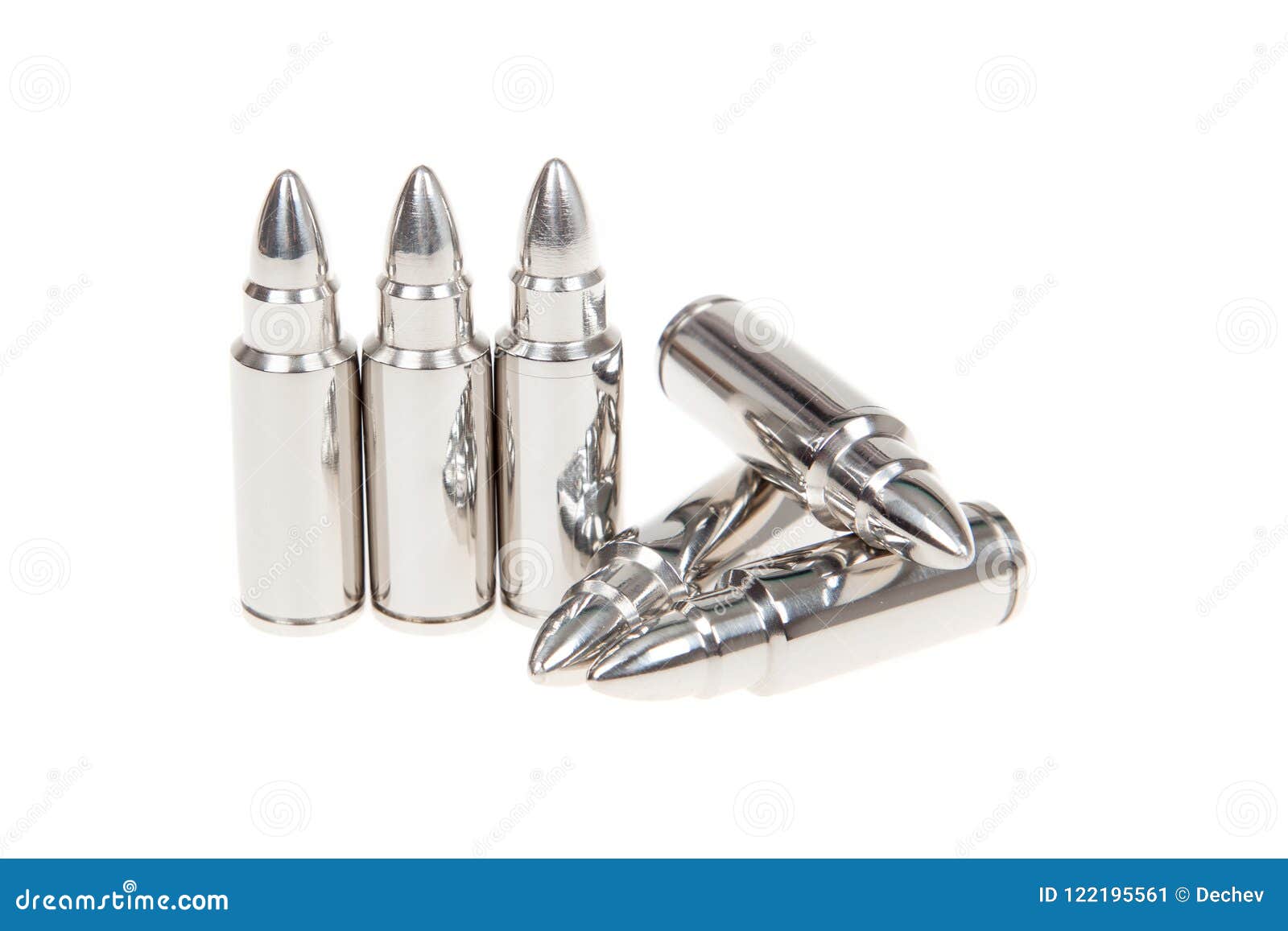 Close Up of Silver Bullets in a Row, Isolated on White Stock Image