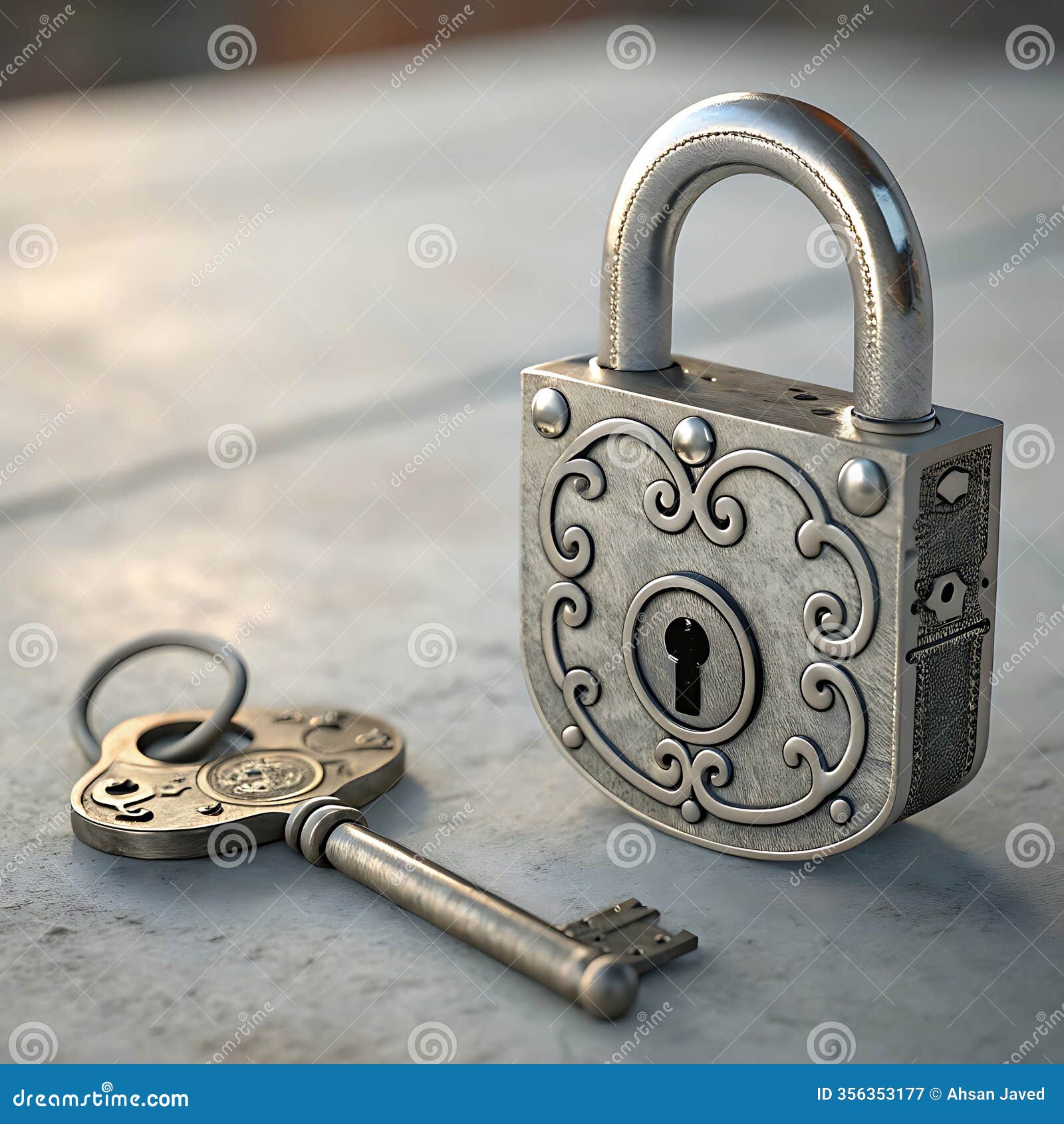 close-up silver padlock with key, izing security