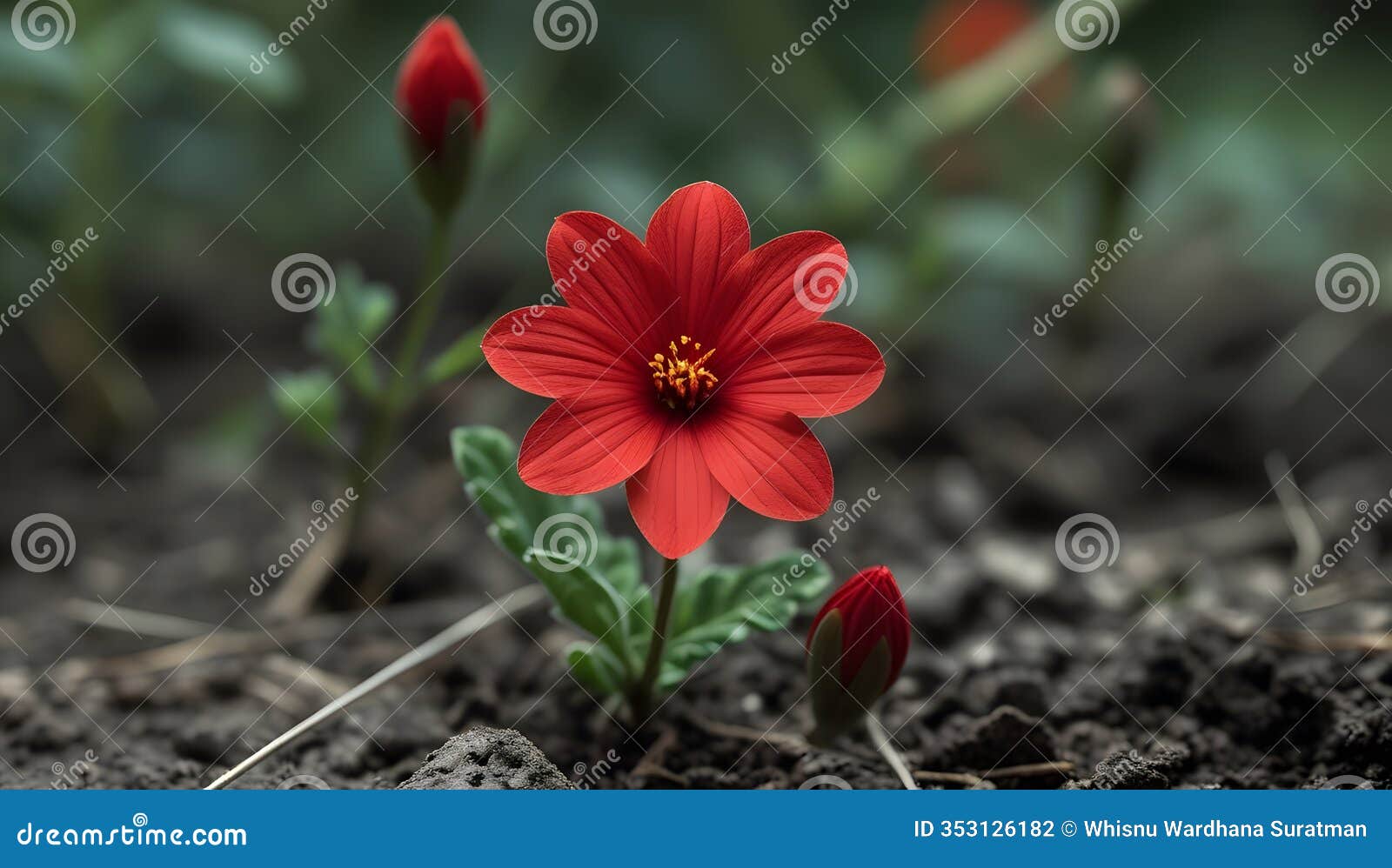macro shot of a solitary red flower emerging from the ground, radiating warmth and life