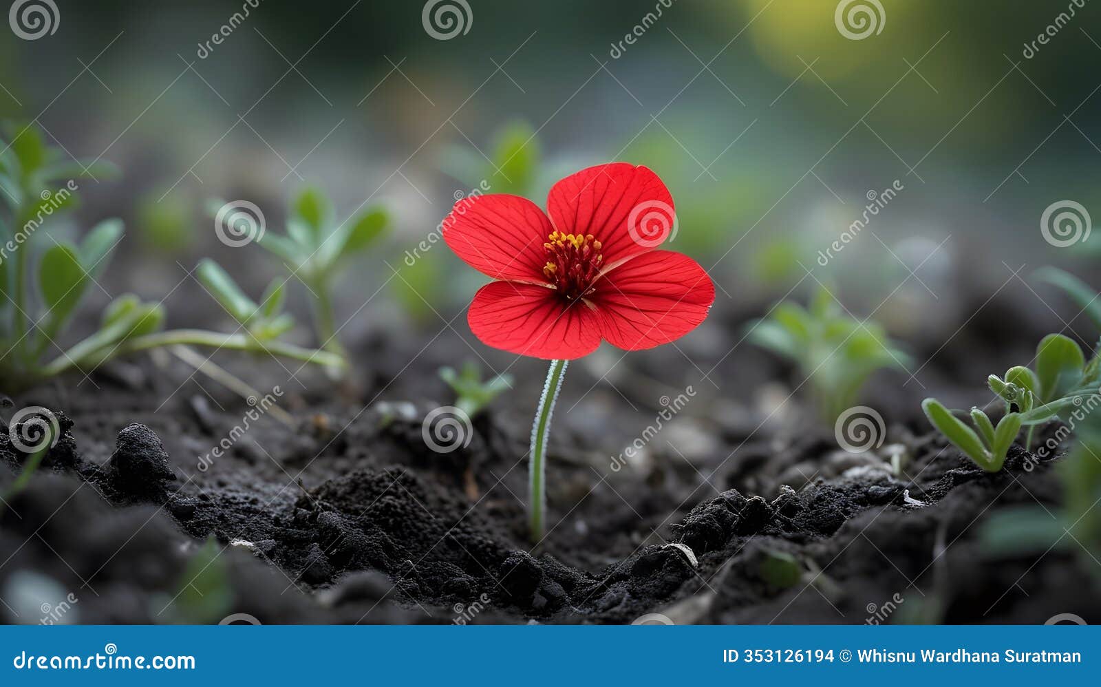 a single red flower growing alone in the soil, framed beautifully in a close-up shot
