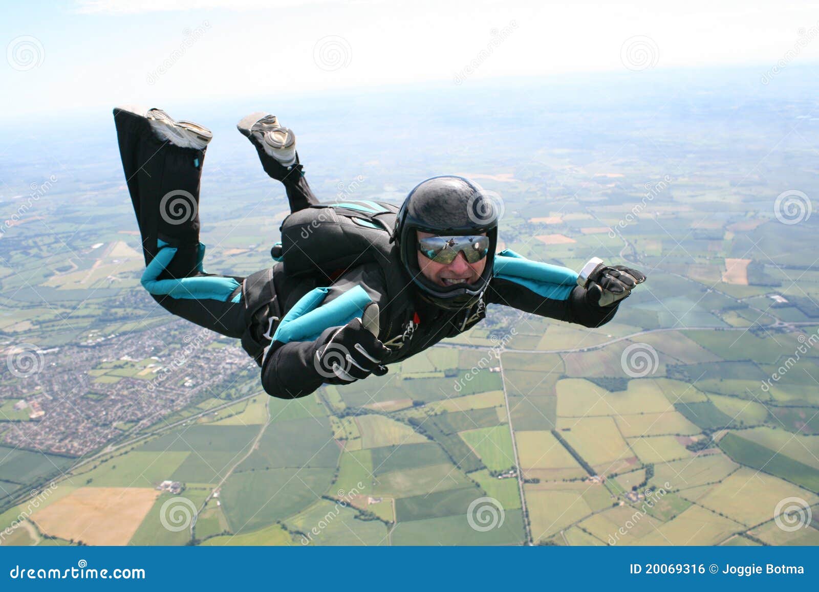 close-up of skydiver in freefall