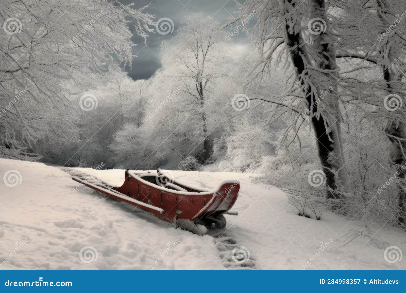 Closeup of Sled on Snowy Hill, Trees in Background Stock Image Image