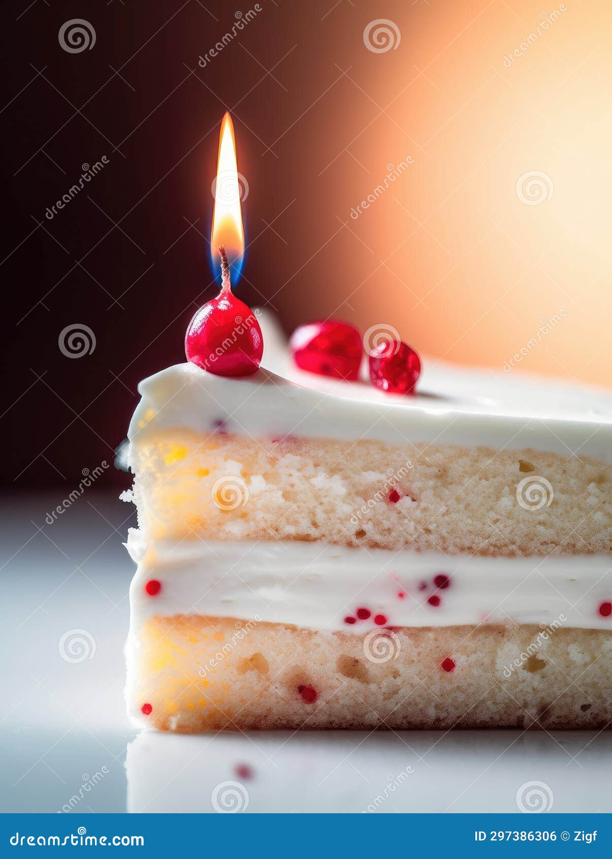 Close Up of a Slice of Cake with a Lit Candle Stock Illustration