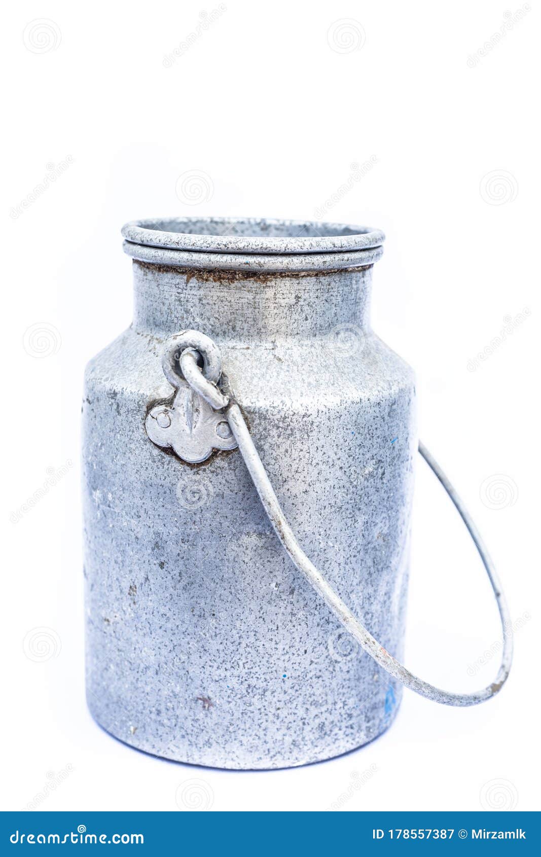 Close Up of Sliver Colored Milk Chum or Milkcan Isolated on White