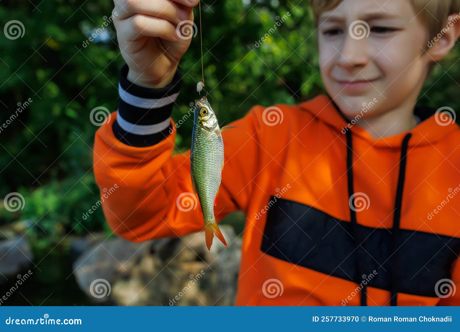 Close-up of a Small Fish that the Boy Caught. he Holds it in Front