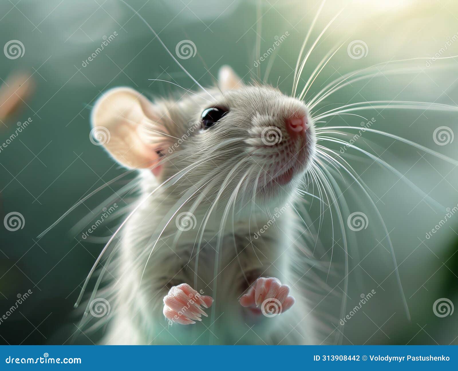 a close up of a small white mouse looking up. generative ai. generative ai