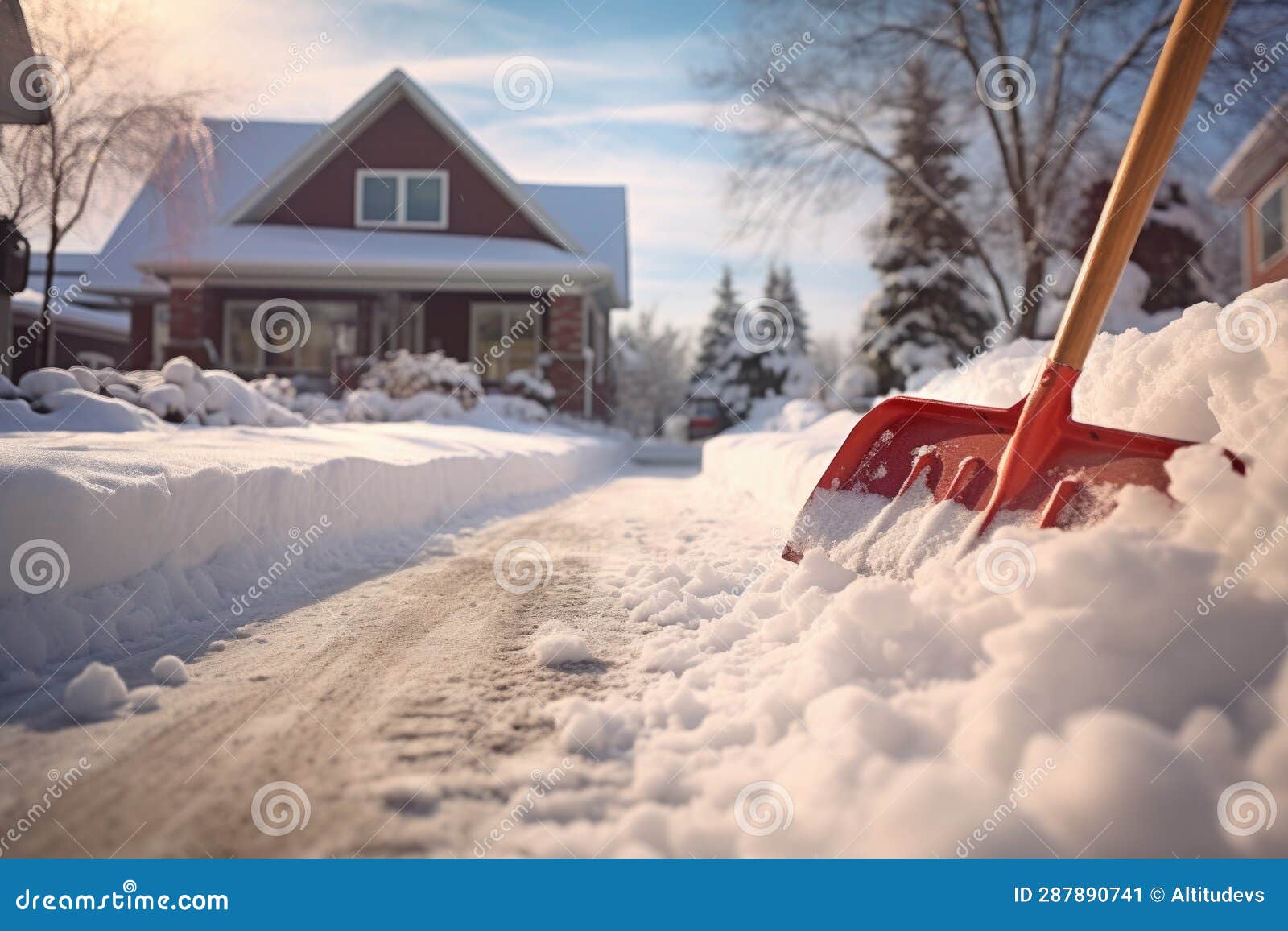 Closeup of a Snow Shovel Clearing Driveway Stock Image Image of