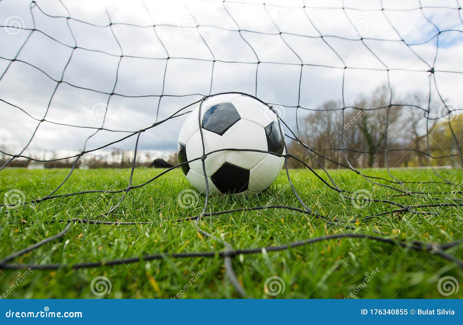 Close Up Of A Soccer Ball Behind The Gates Net Goal Scoring Concept Outdoors Football Match Practicing Spring Sports Healthy Stock Image Image Of Kick Grass