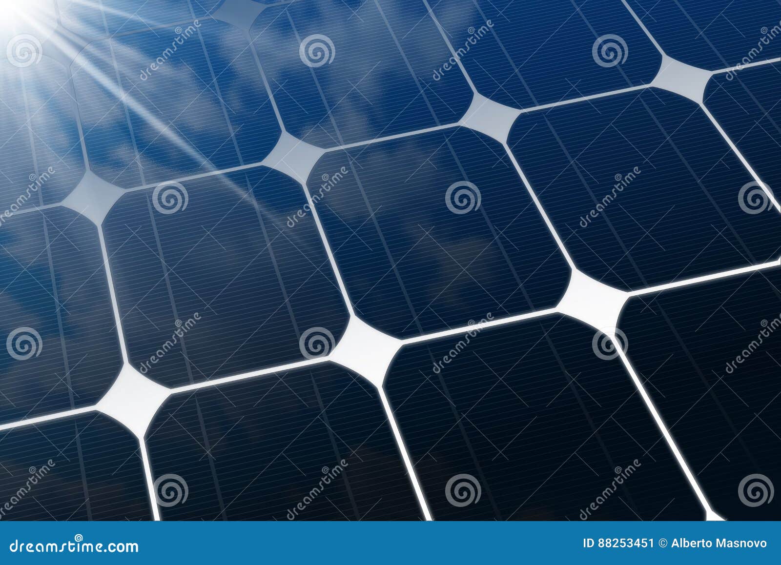 Closeup of a Solar Panel with Sun Rays Stock Illustration