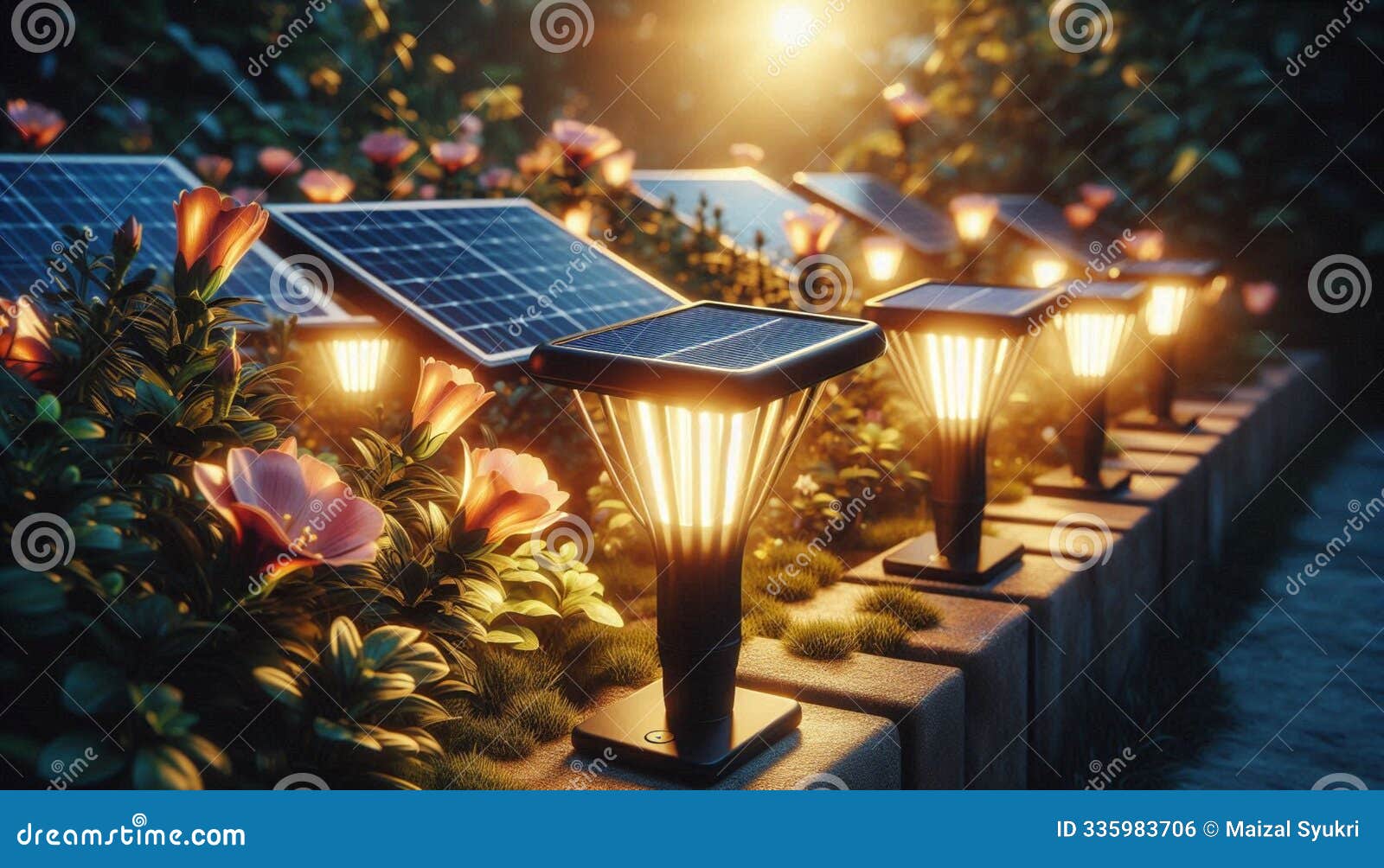 close-up of solar-powered garden lights illuminating a flower bed at dusk