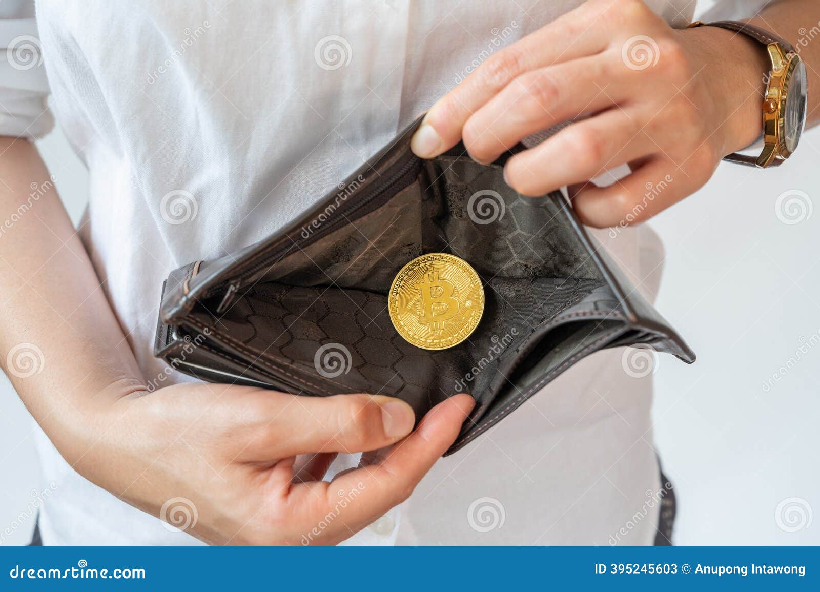 Close Up of Someone Open Wallet for Showing Just One Bitcoin Token Inside.  Stock Image - Image of economy, golden: 395245603