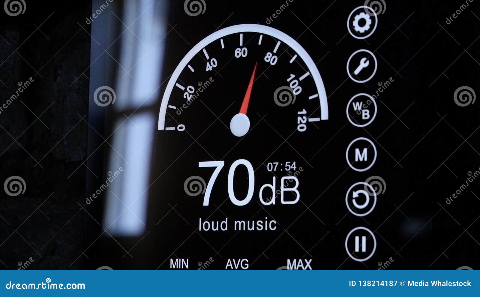 Closeup of Sound Level Meter Screen in Decibels. Modern Electronic