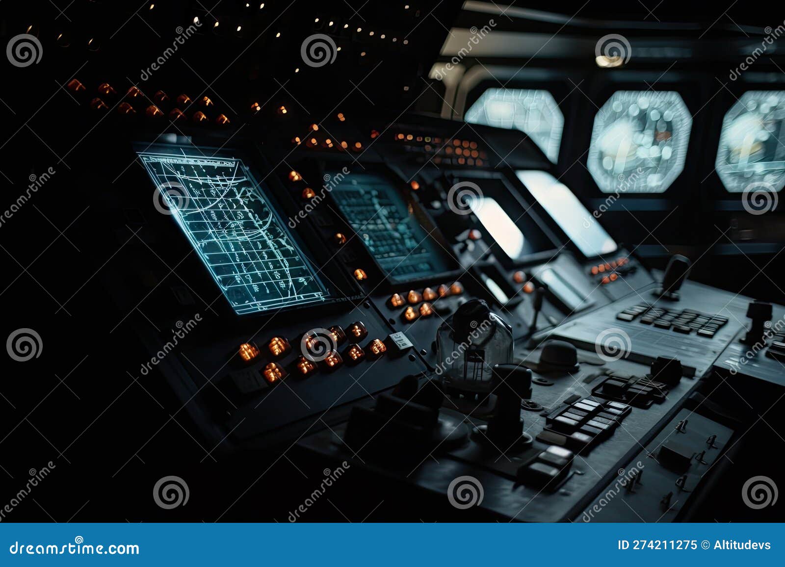close-up of spaceship's navigation system, with stars in the background