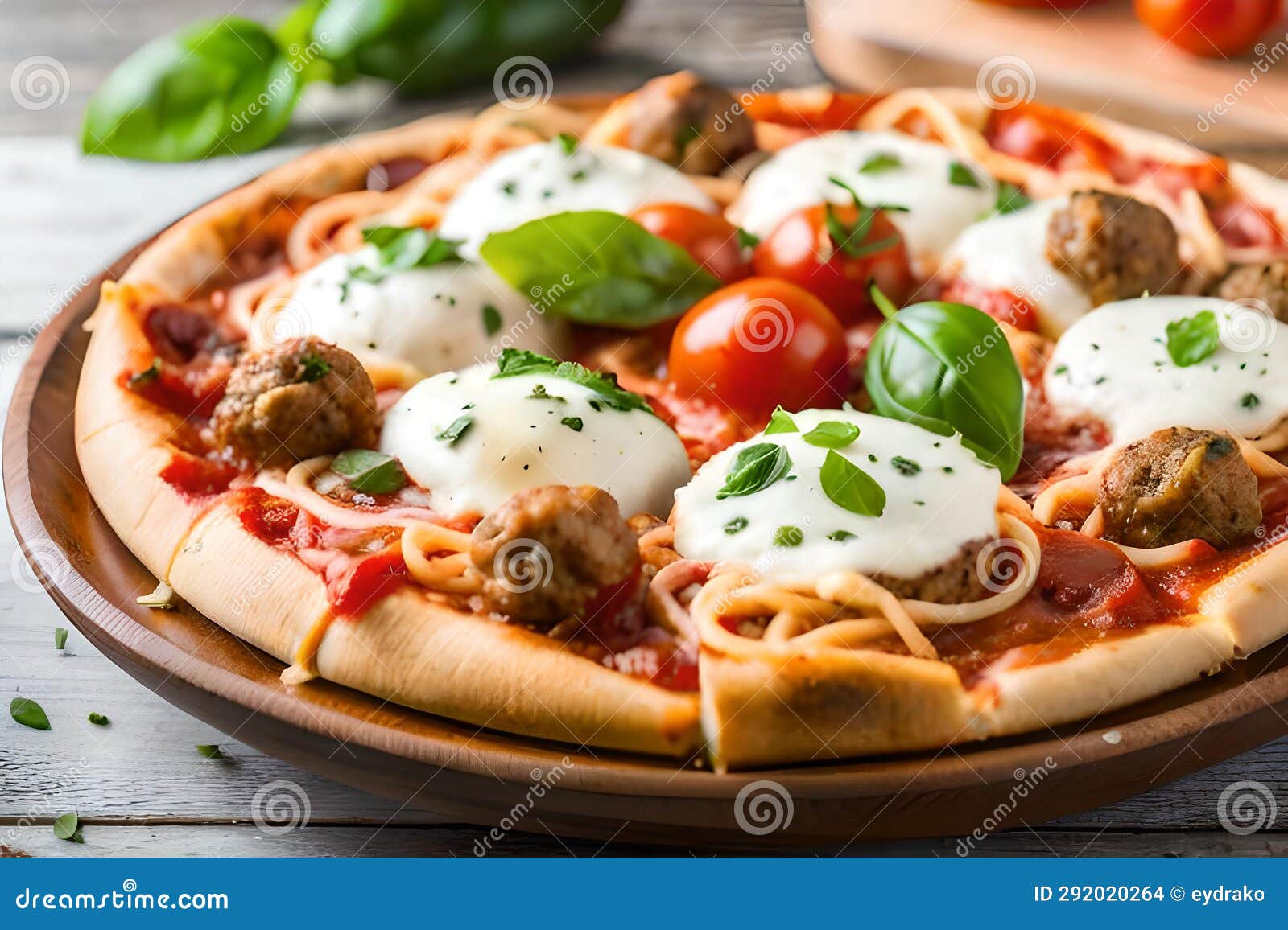 Closeup of Spaghetti and Meatball Pizza. Generative AI Stock Photo