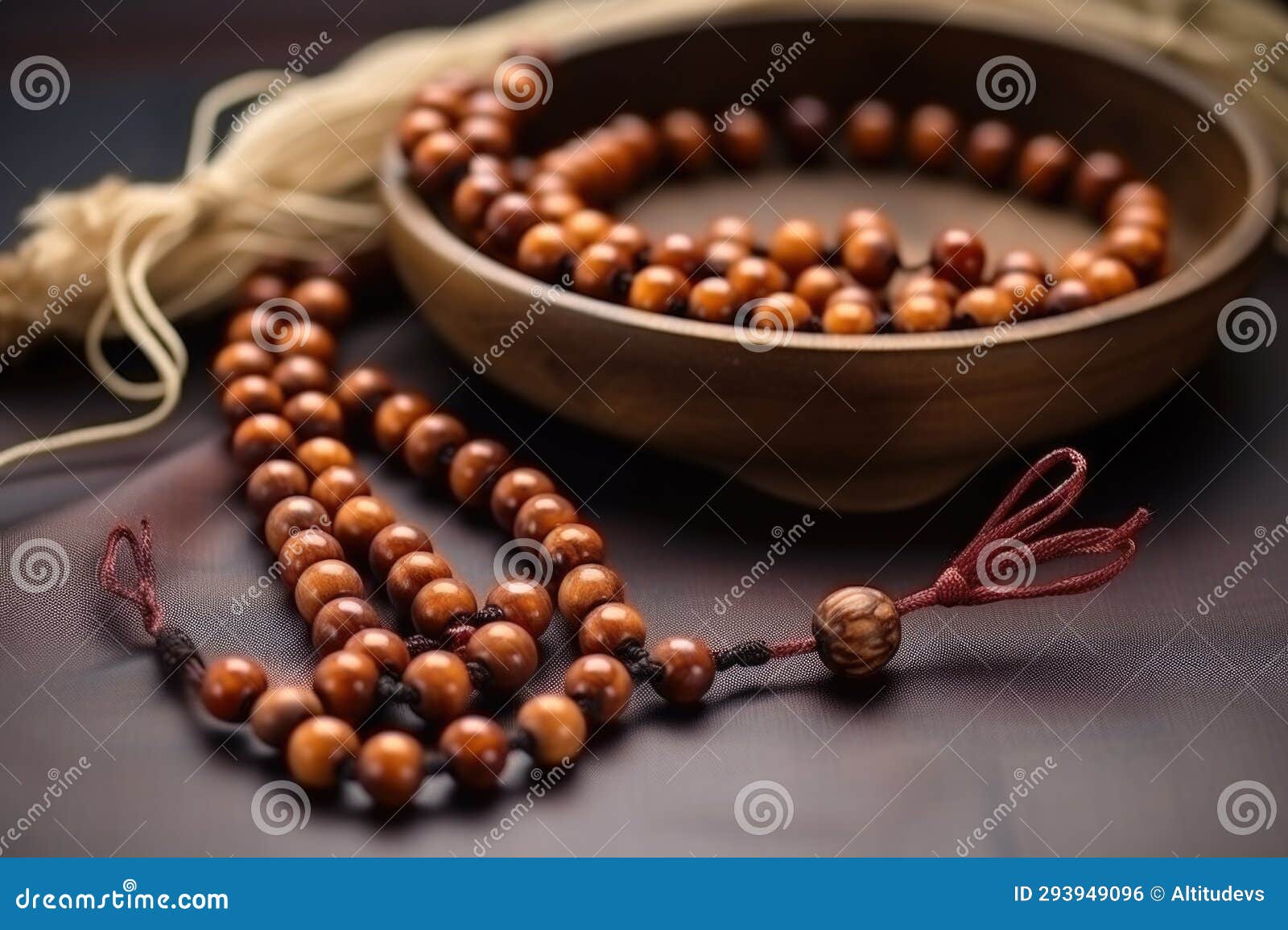 close-up of sparse wood beads, accessories for qi gong