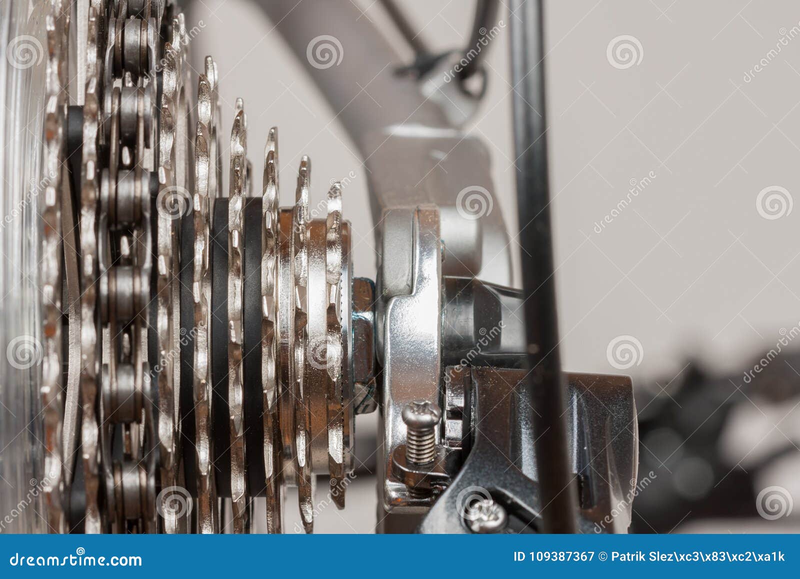 Close Up 9-speed Cassette on Rear Wheel of Bike, Studio Photo Stock
