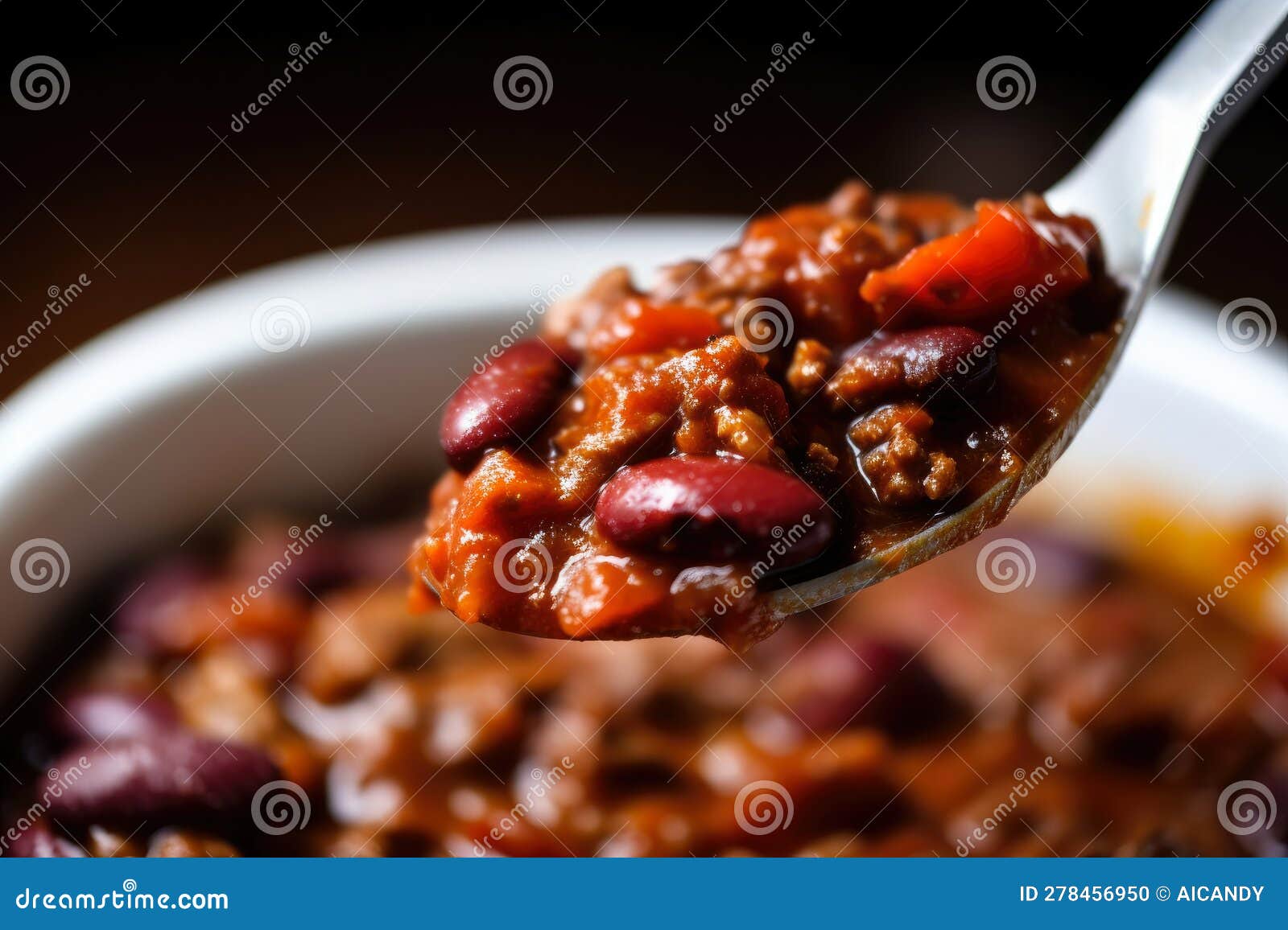 close-up of a spoonful of chili con carne with vibrant red color and texture of ground beef, beans, and tomatoes