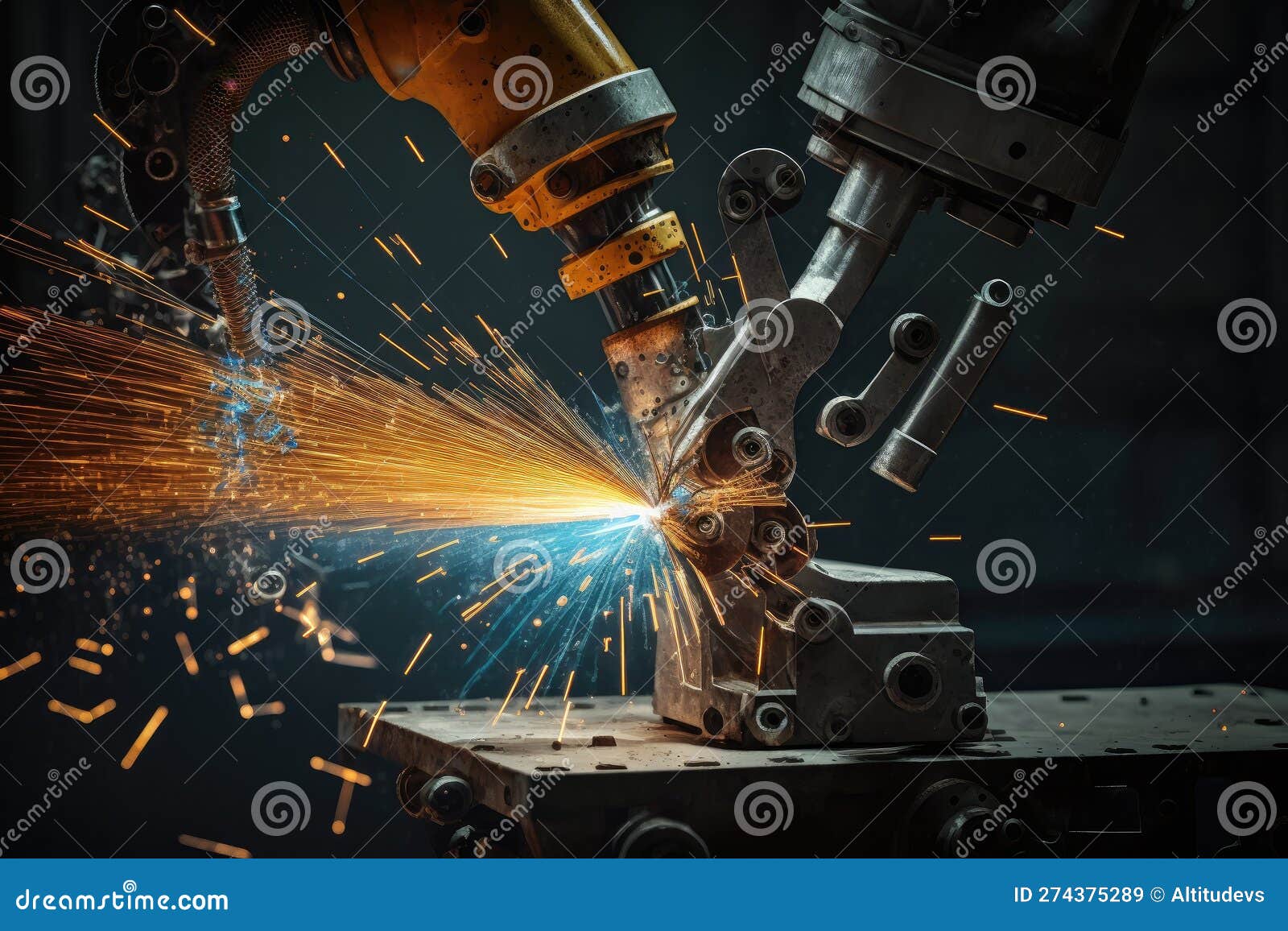 Close-up of Spot Welding Robot Arm, with Sparks Flying from the Tip
