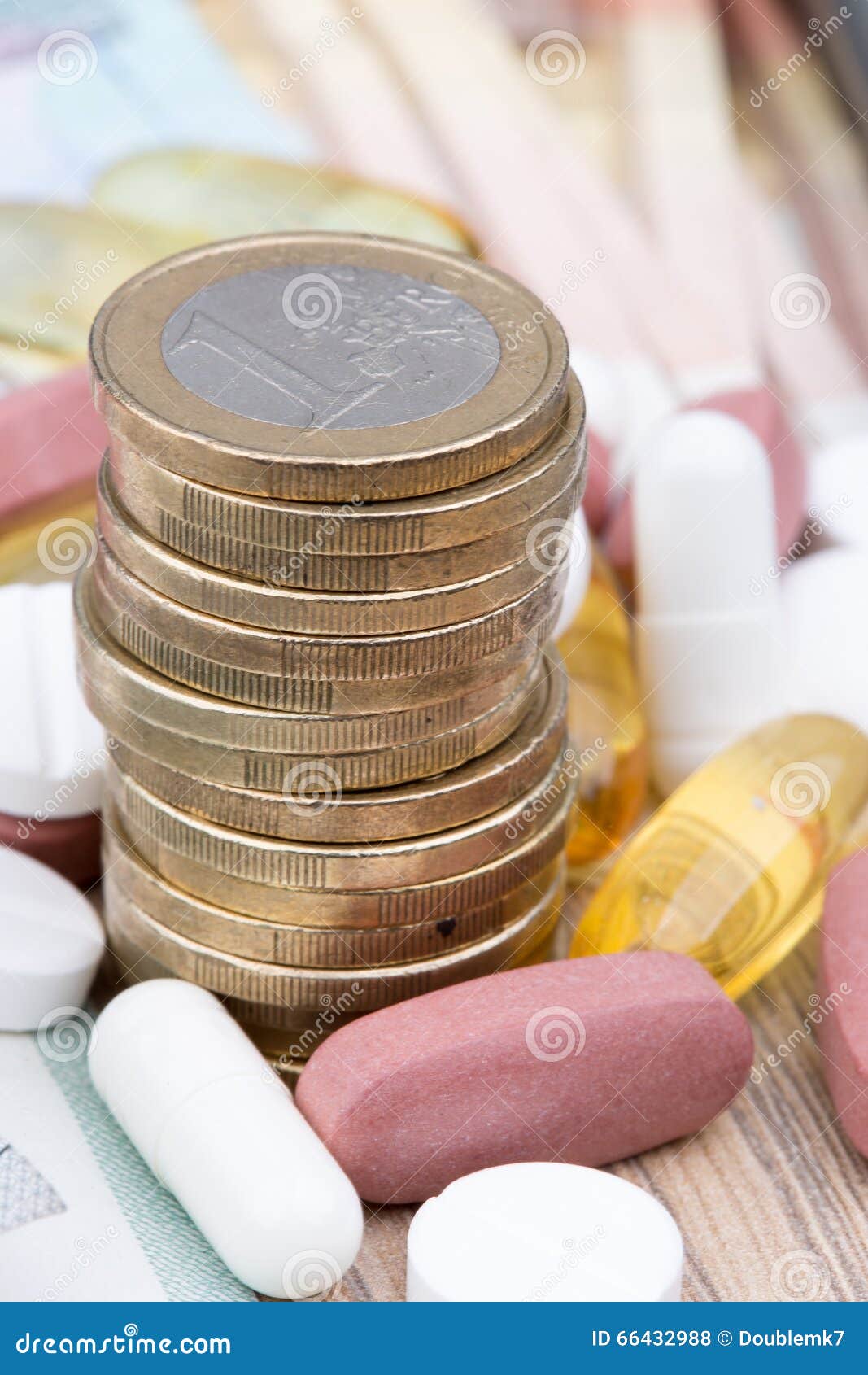 Close Up of a Stack of Money with Capsules Stock Photo Image of