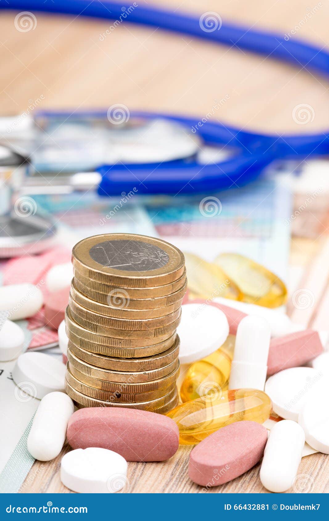 Close Up of a Stack of Money with Capsules Stock Image Image of
