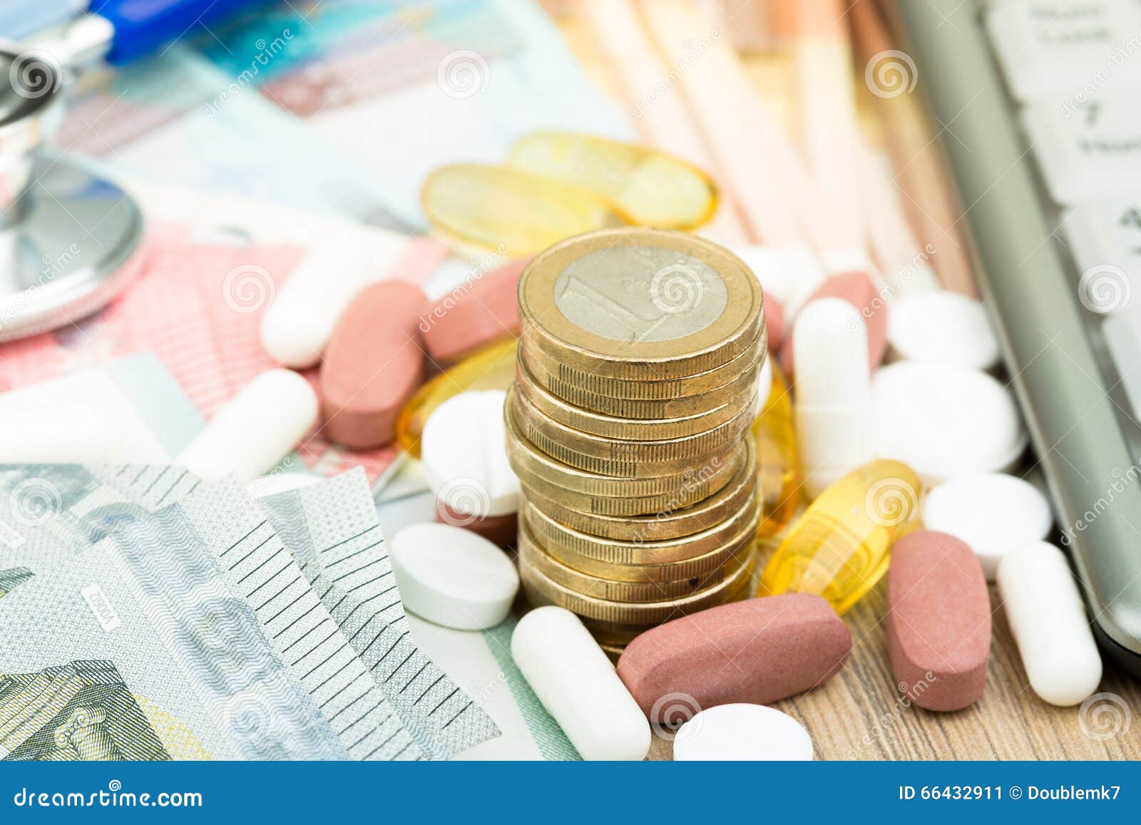 Close Up of a Stack of Money with Capsules Stock Image Image of