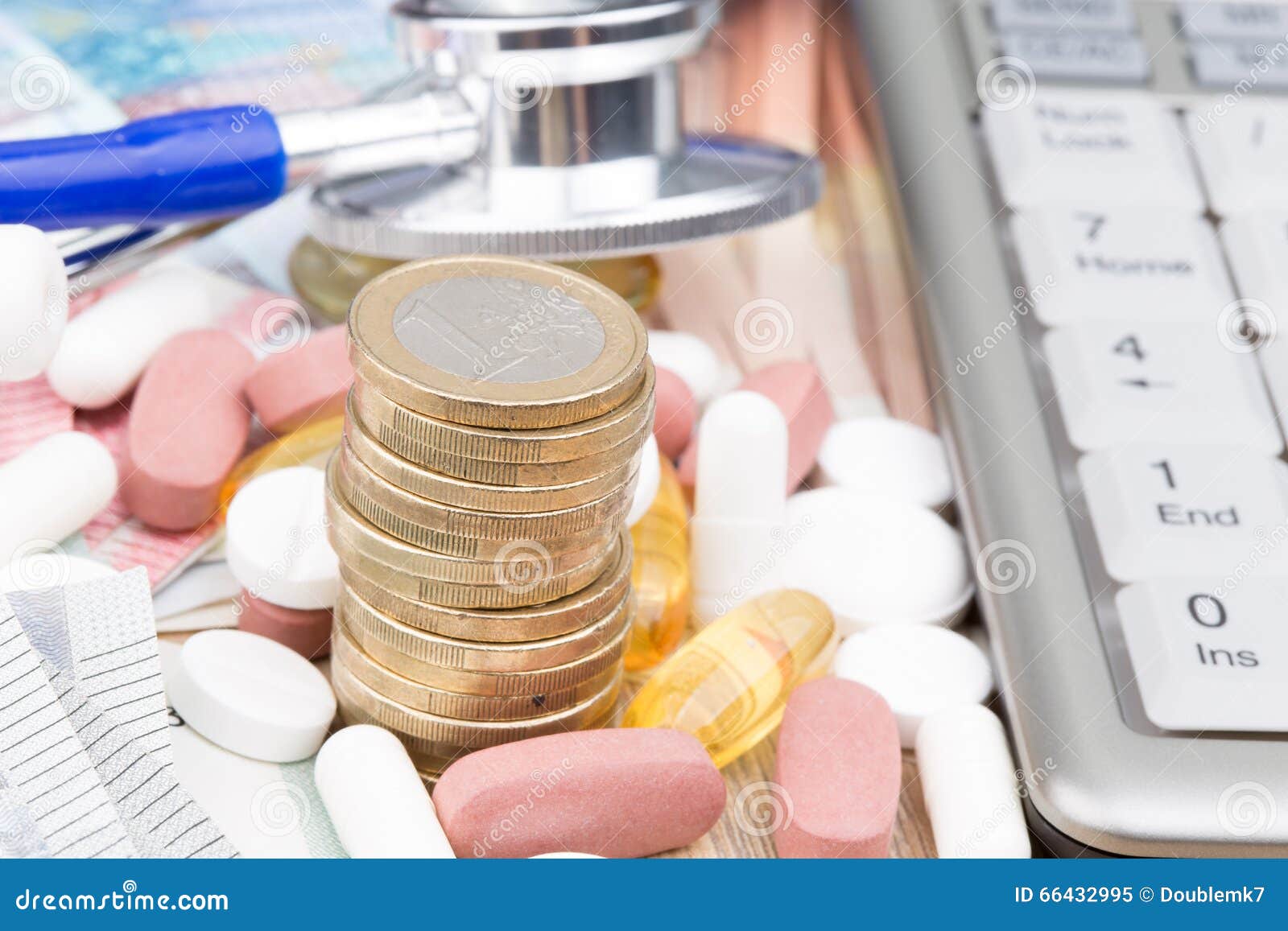 Close Up of a Stack of Money with Capsules Stock Image Image of
