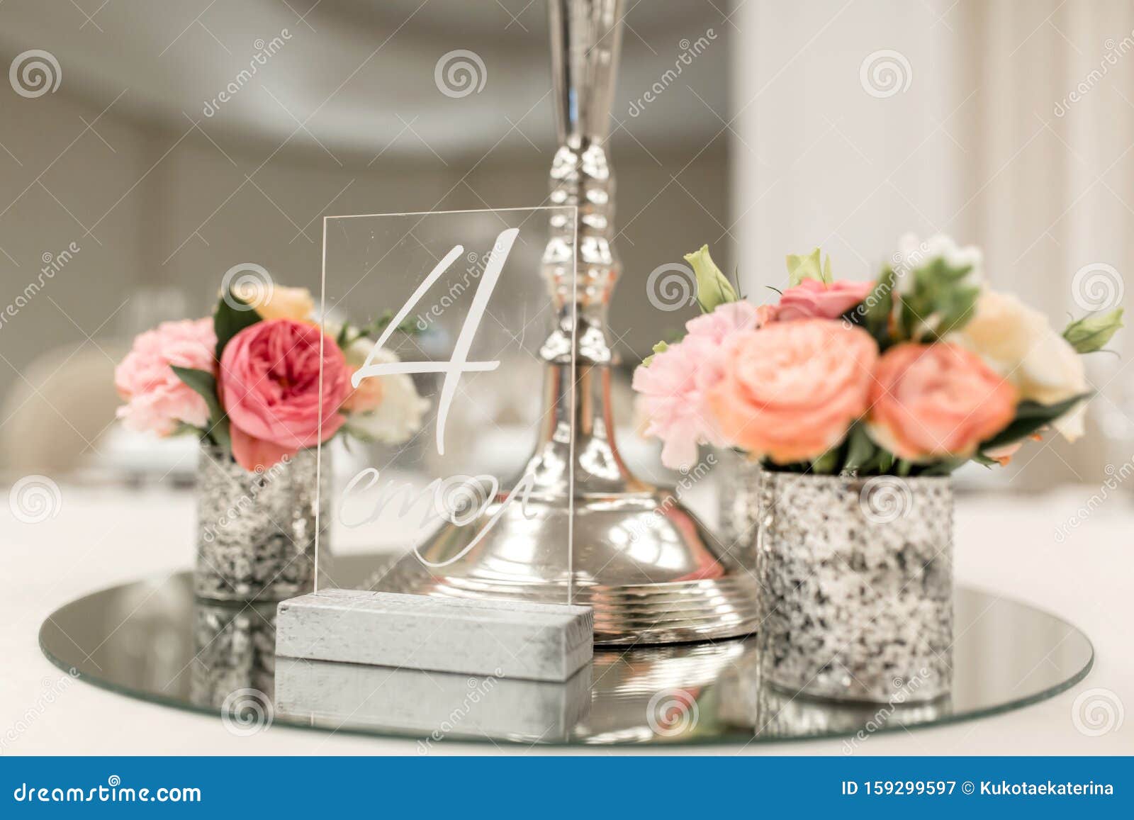 Closeup Stand for a Candlestick and a Table Number in a Restaurant
