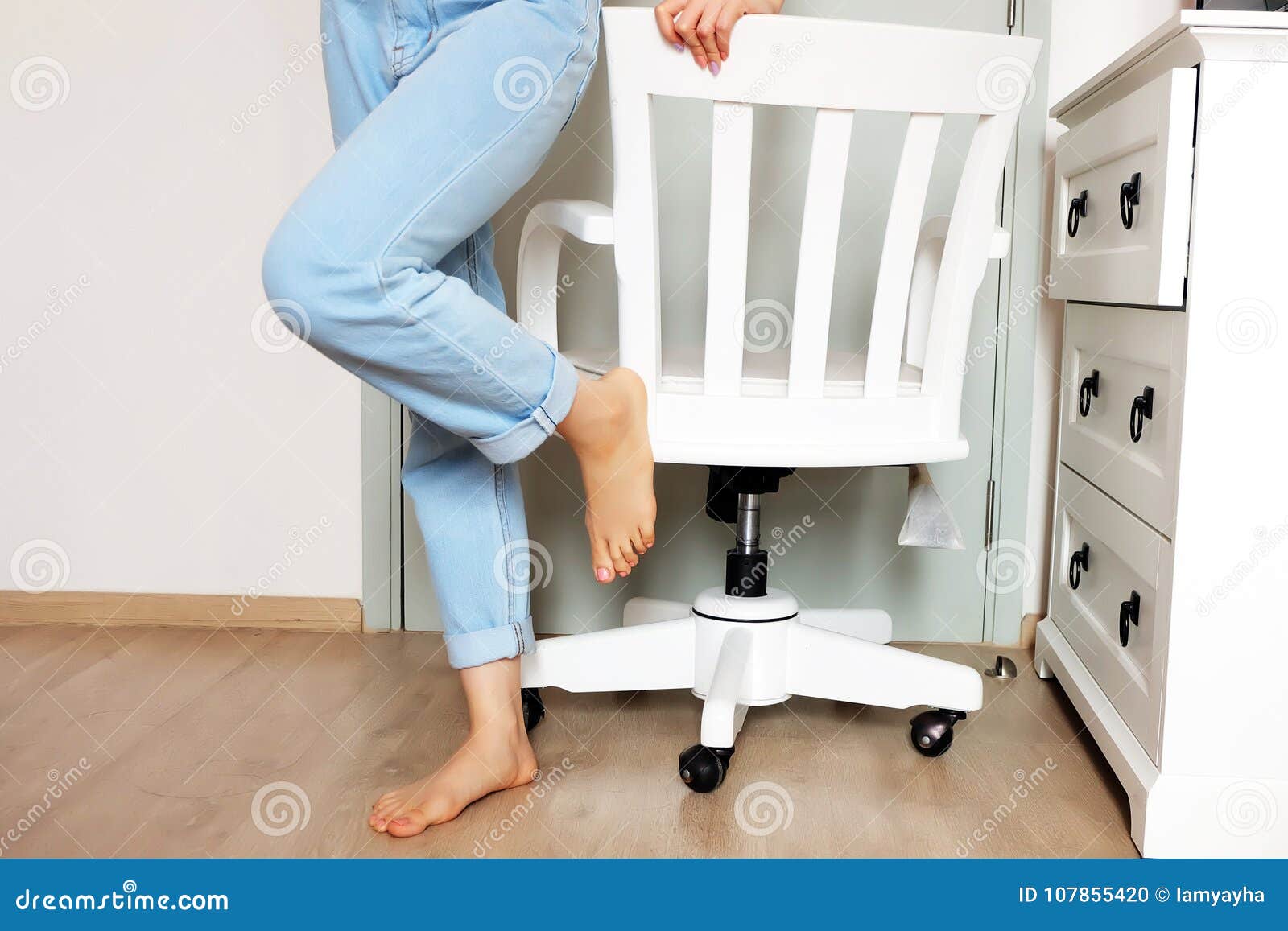 Close Up Stand on Chair Studio. Beautiful Woman Standing with a White Chair  in the White Room Studio Background Stock Photo - Image of fashion,  manicure: 107855420