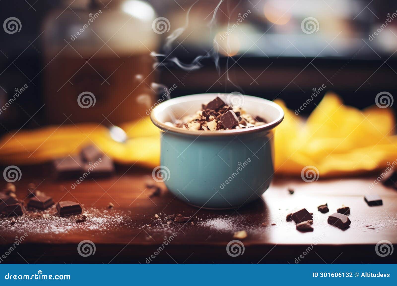 close-up of steaming cocoa with chocolate chip